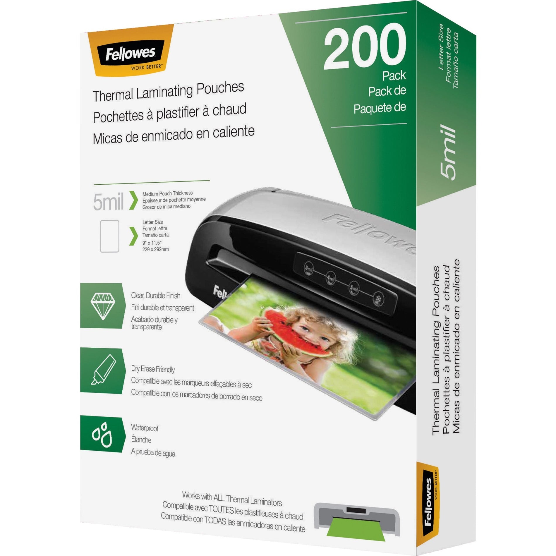 Fellowes 5743601 Letter-Size Thermal Laminating Pouches, 5mil, 200/PK, Glossy, Clear