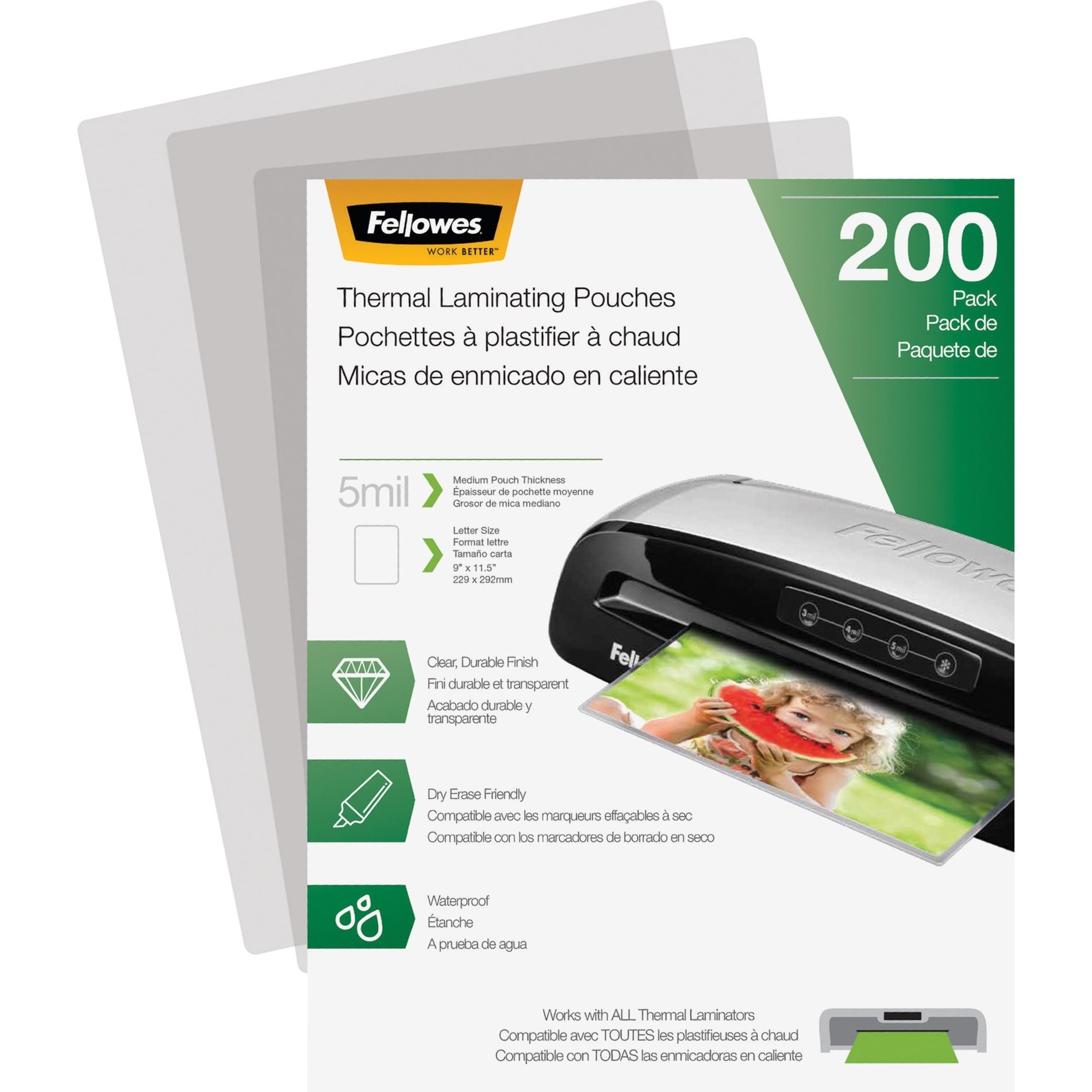 Fellowes 5743601 Letter-Size Thermal Laminating Pouches, 5mil, 200/PK, Glossy, Clear