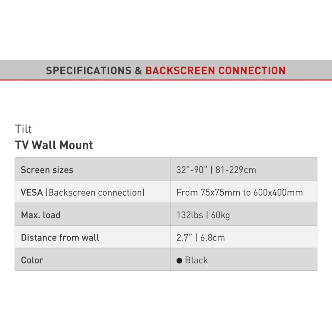 Barkan E410+.B Wall Mount for TV - Black, Tilt TV Wall Mount for 32-90" Screens and Weight up to 132lbs