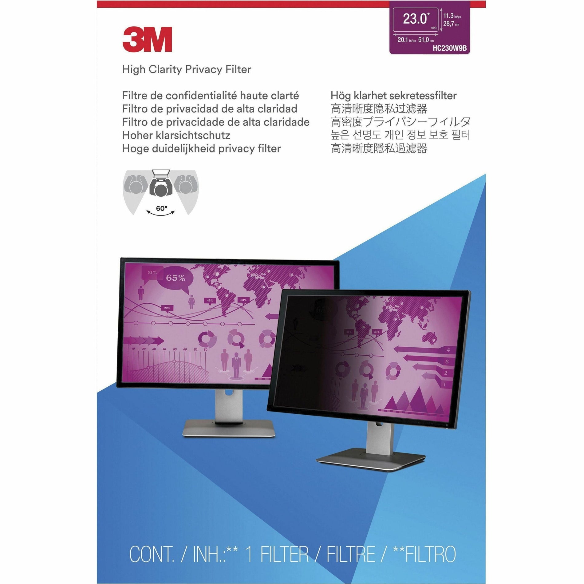 3M HC230W9B High Clarity Privacy Filter, 23" Widescreen, Easy to Apply, Easy to Remove, Blue Light Reduction, Limited Viewing Angle