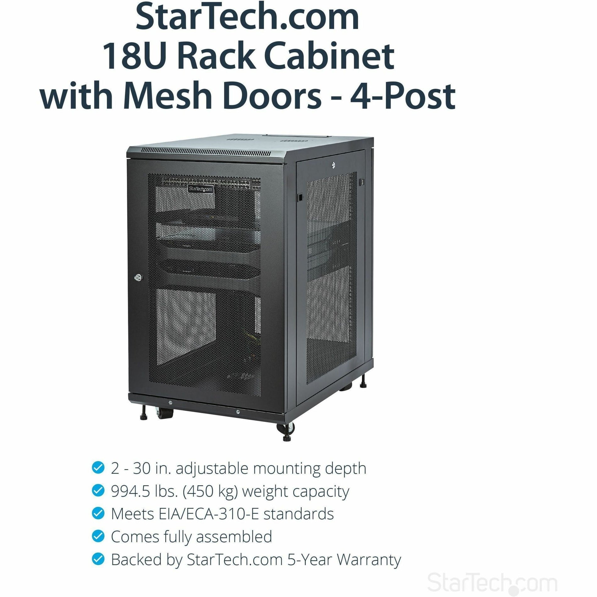 StarTech.com RK1833BKM Server Rack Cabinet - 18U - 31in Deep Enclosure, Network Cabinet, Data Cabinet