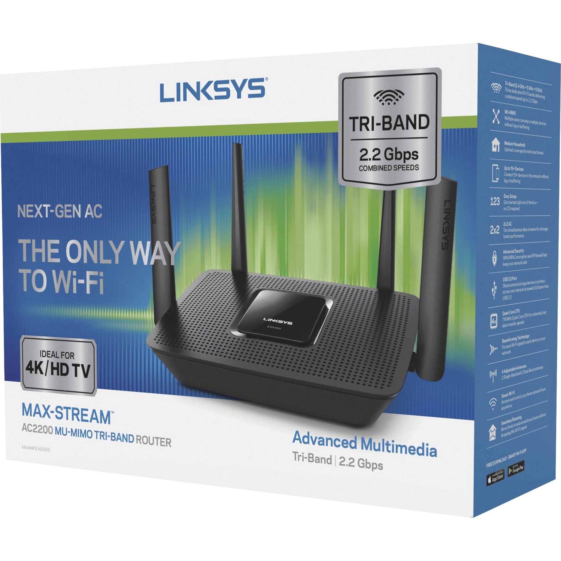 Linksys EA8300 Max-Stream AC2200 Tri-Band Wi-Fi Router, Quad-Core Processor, 2.2 Gbps, BK
