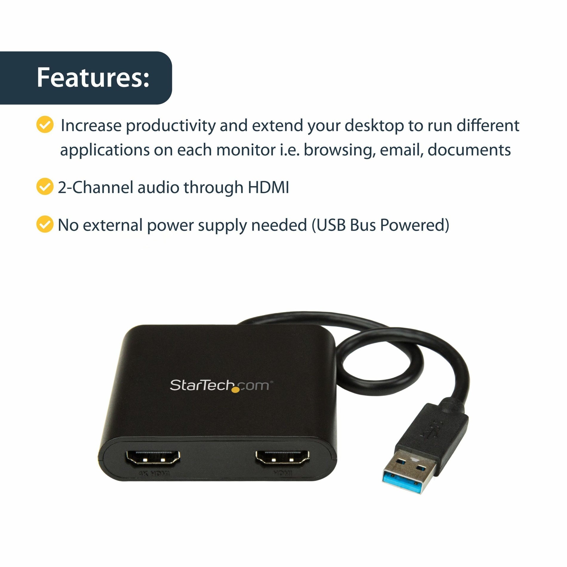 StarTech.com USB32HD2 USB to Dual HDMI Adapter - 4K, Connect Two HDMI Displays to a Single USB Port