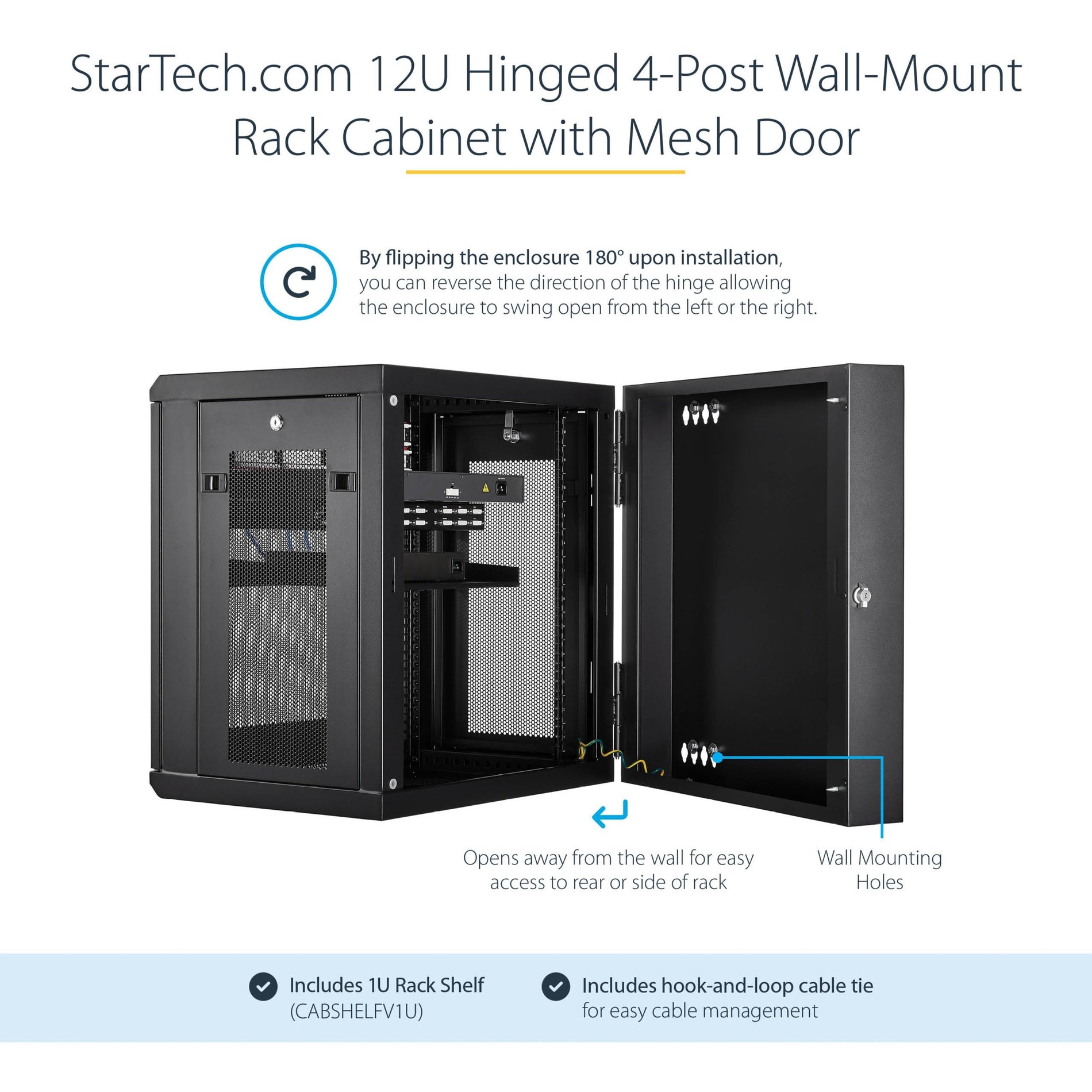 StarTech.com RK12WALHM 12U Wall-Mount Server Rack Cabinet - Hinged Enclosure, Up to 17 in. Deep, Black