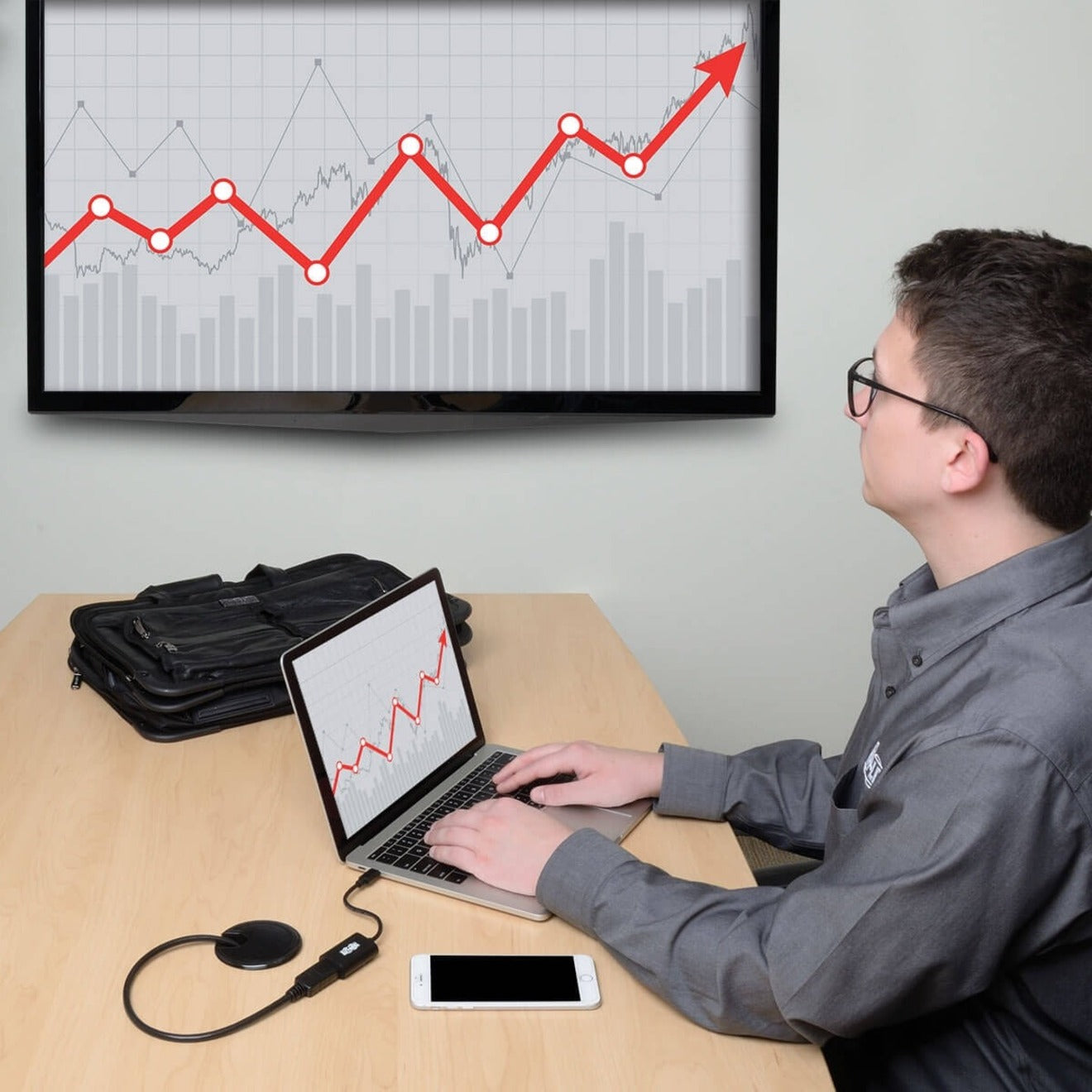 Professional using laptop connected to external monitor showing data analytics-alternate-image2