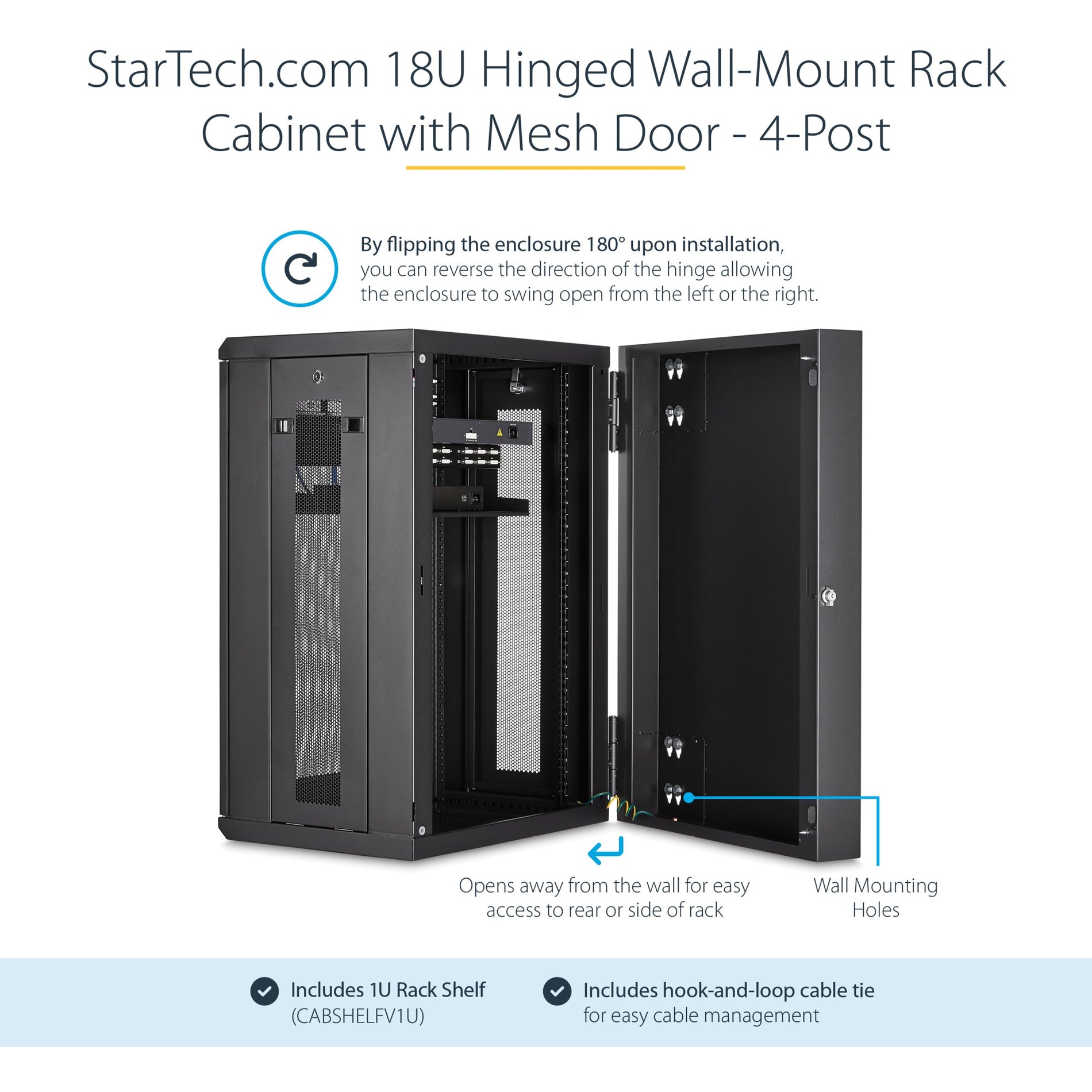 StarTech.com RK1820WALHM 18U Wall Mount Network Switch Cabinet With Hinged Back Panel, Black, 20 in. Deep