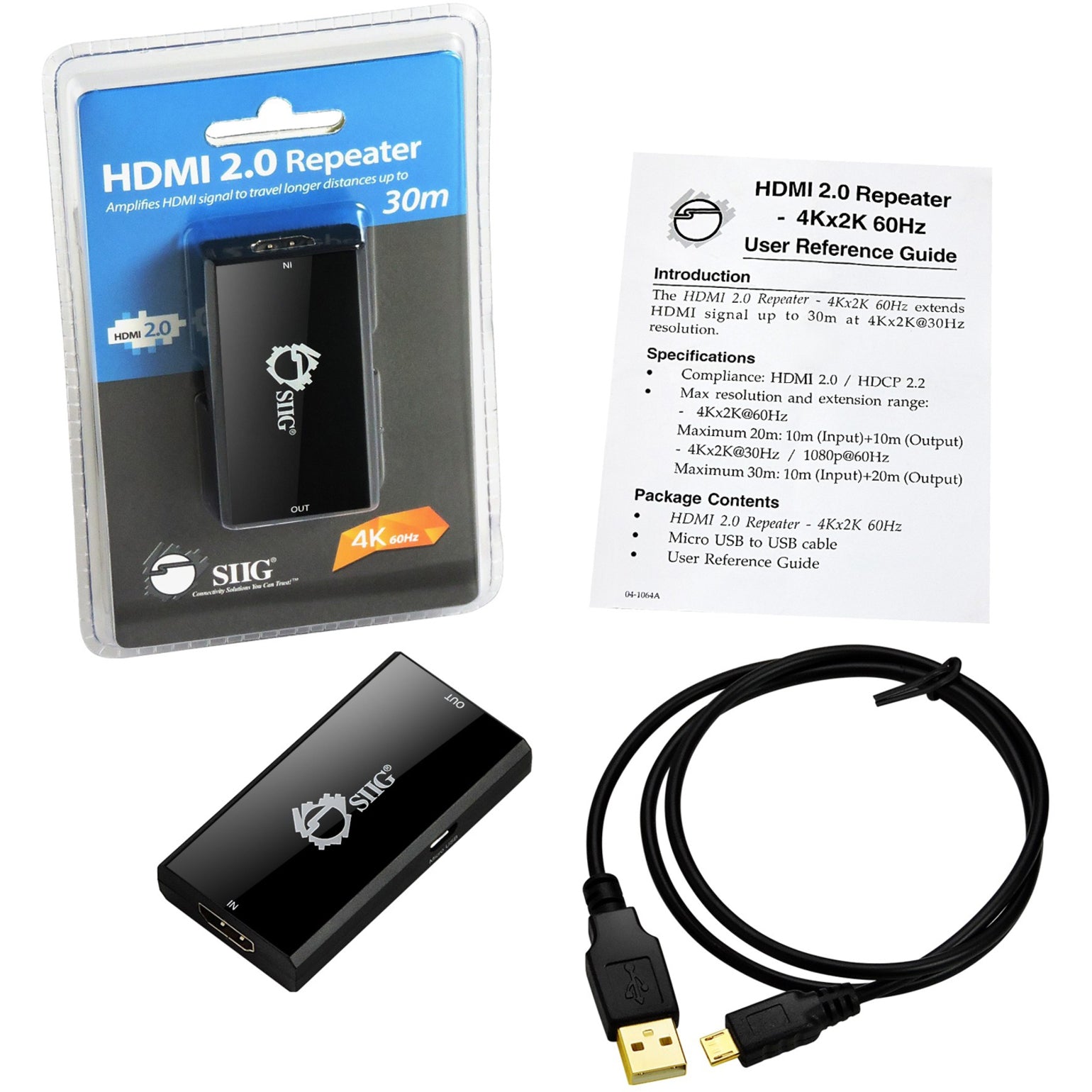 SIIG CE-H22J14-S1 HDMI 2.0 Repeater - 4Kx2K 60Hz, USB, RoHS Certified