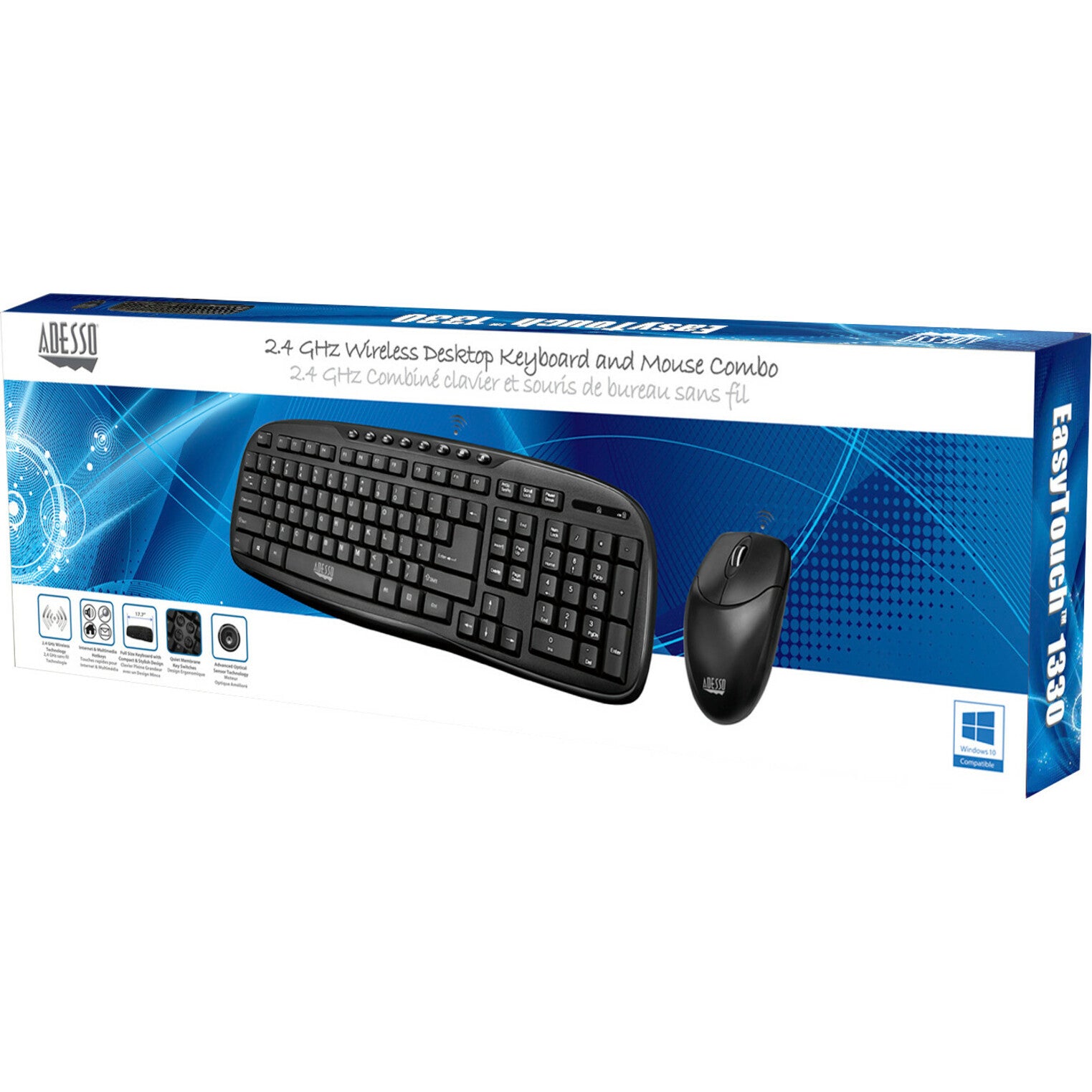 Adesso WKB-1330CB 2.4 GHz Wireless Desktop Keyboard and Mouse Combo, Quiet Keys, Spill Resistant
