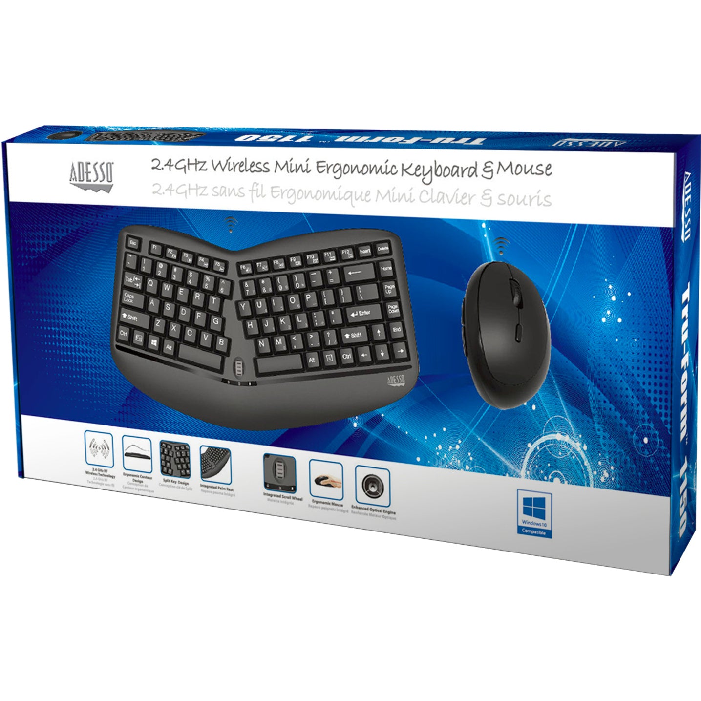 Adesso WKB-1150CB Tru-Form Wireless Ergo Mini Keyboard & Mouse, Split Keyboard, Ergonomic, Black
