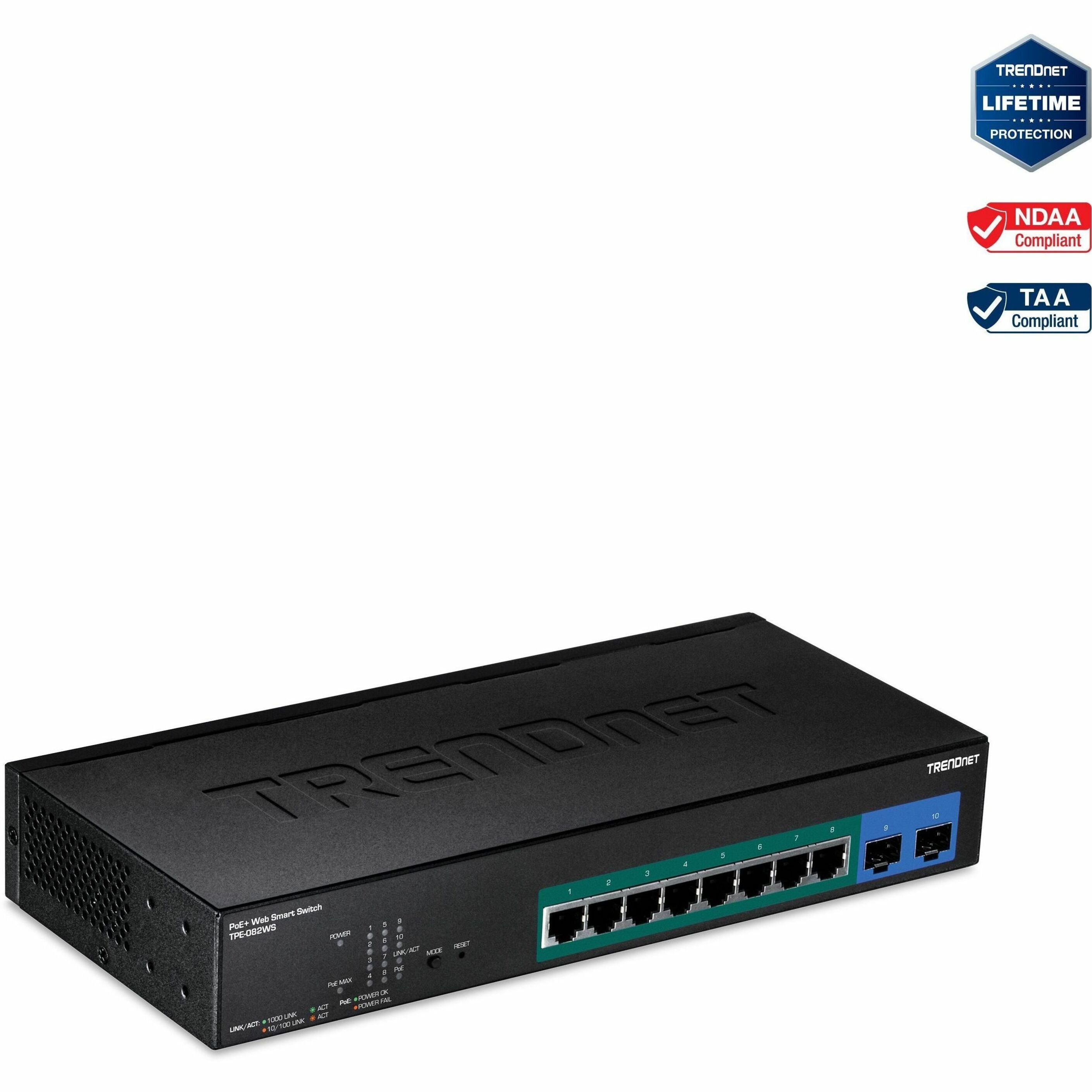 TRENDnet 10-Port Gigabit Web Smart PoE+ Switch, 8 x Gigabit PoE+ Ports, 2 x SFP Slots, Vlan, QoS, IPv6 Support, 20Gbps Switching Capacity, 75W PoE Power Budget, Lifetime Protection, Black, TPE-082WS
