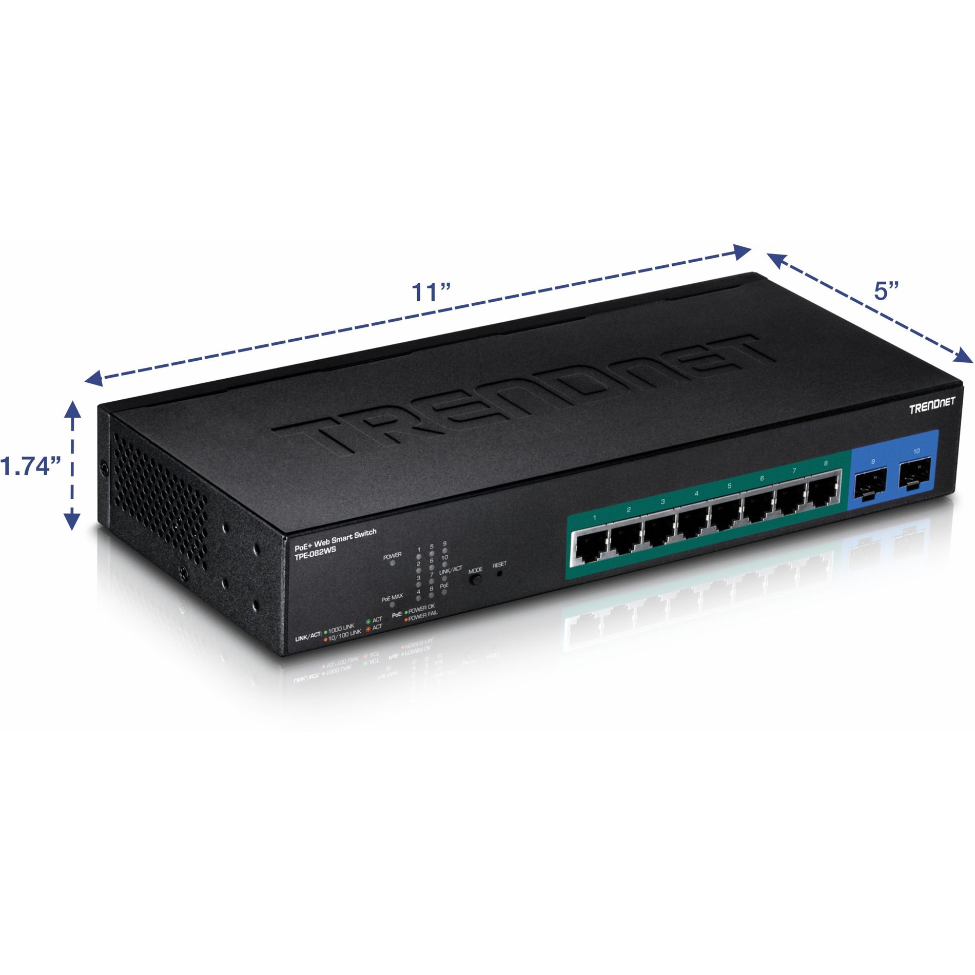 TRENDnet TPE-082WS 10-Port Gigabit Web Smart PoE+ Switch, 8 x Gigabit PoE+ Ports, 2 x SFP Slots, VLAN, QoS, IPv6 Support