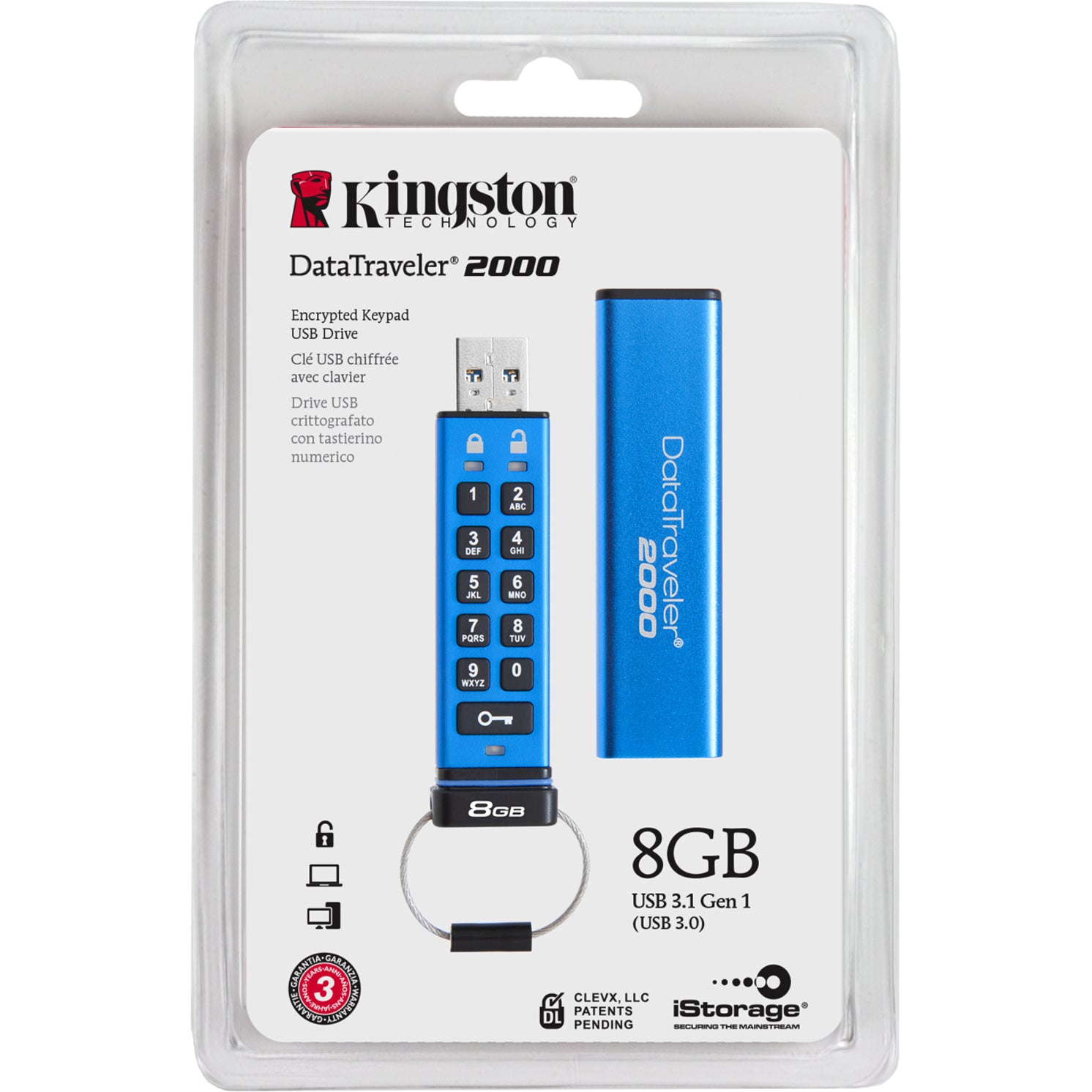 Kingston DT2000/8GB DataTraveler 2000 USB 3.1 Flash Drive, 8GB Storage, 256-bit AES Encryption