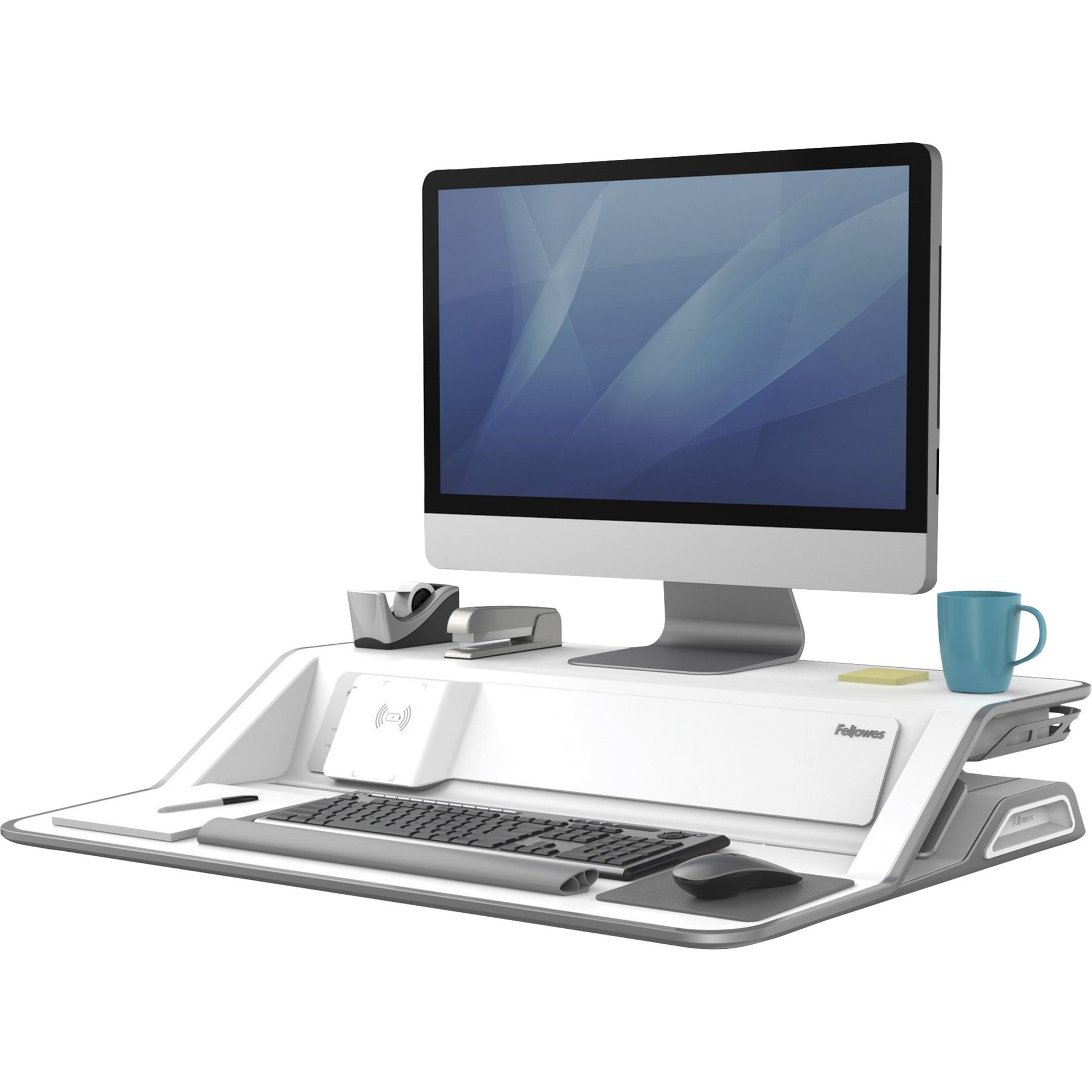 Fellowes 8080201 Lotus DX Sit-Stand Workstation, White - Antimicrobial, Charge Function, Built-in USB Port