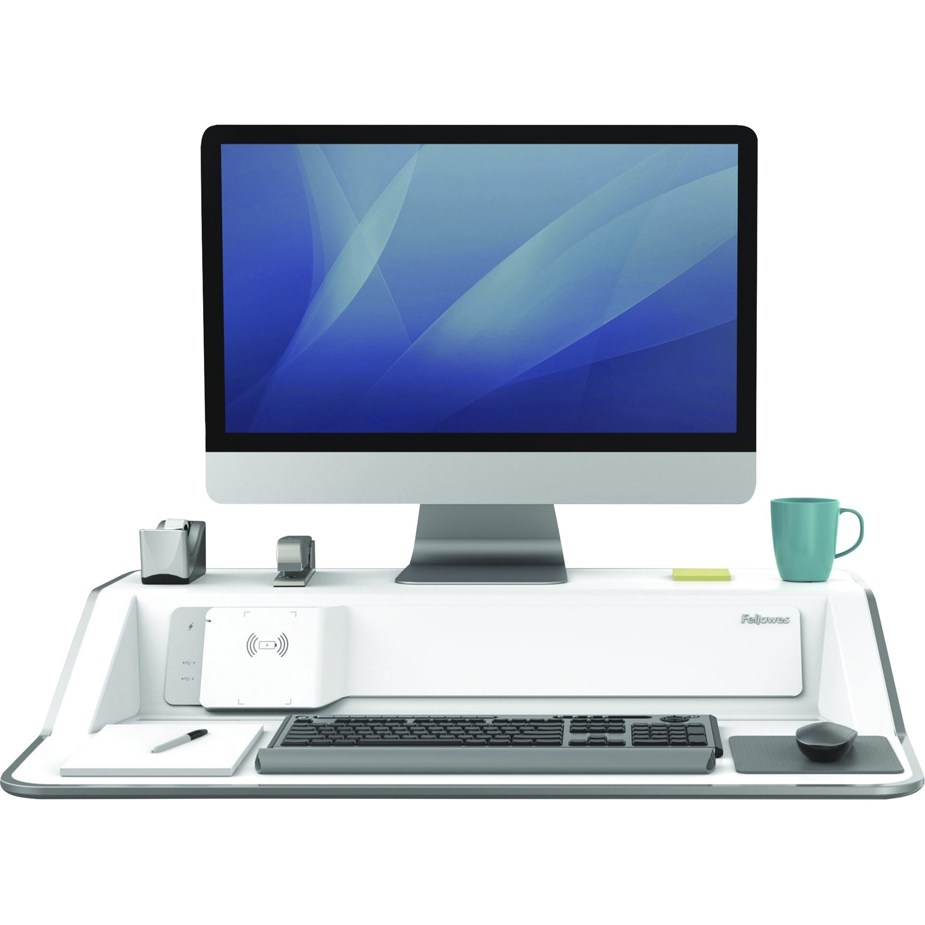 Fellowes 8080201 Lotus DX Sit-Stand Workstation, White - Antimicrobial, Charge Function, Built-in USB Port