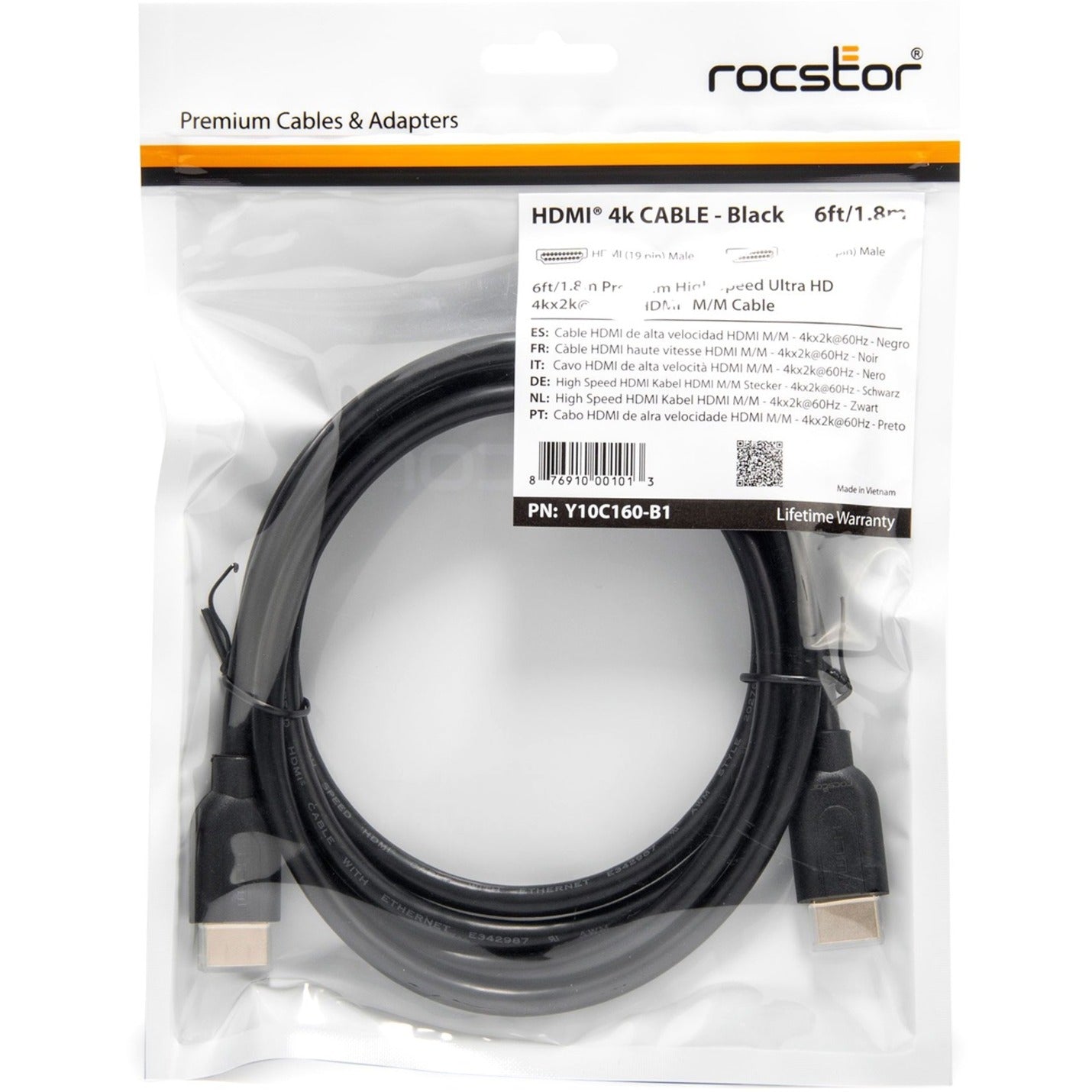 Rocstor Y10C160-B1 HDMI Audio/Video Cable, 6 ft 4K High Speed, Lifetime Warranty