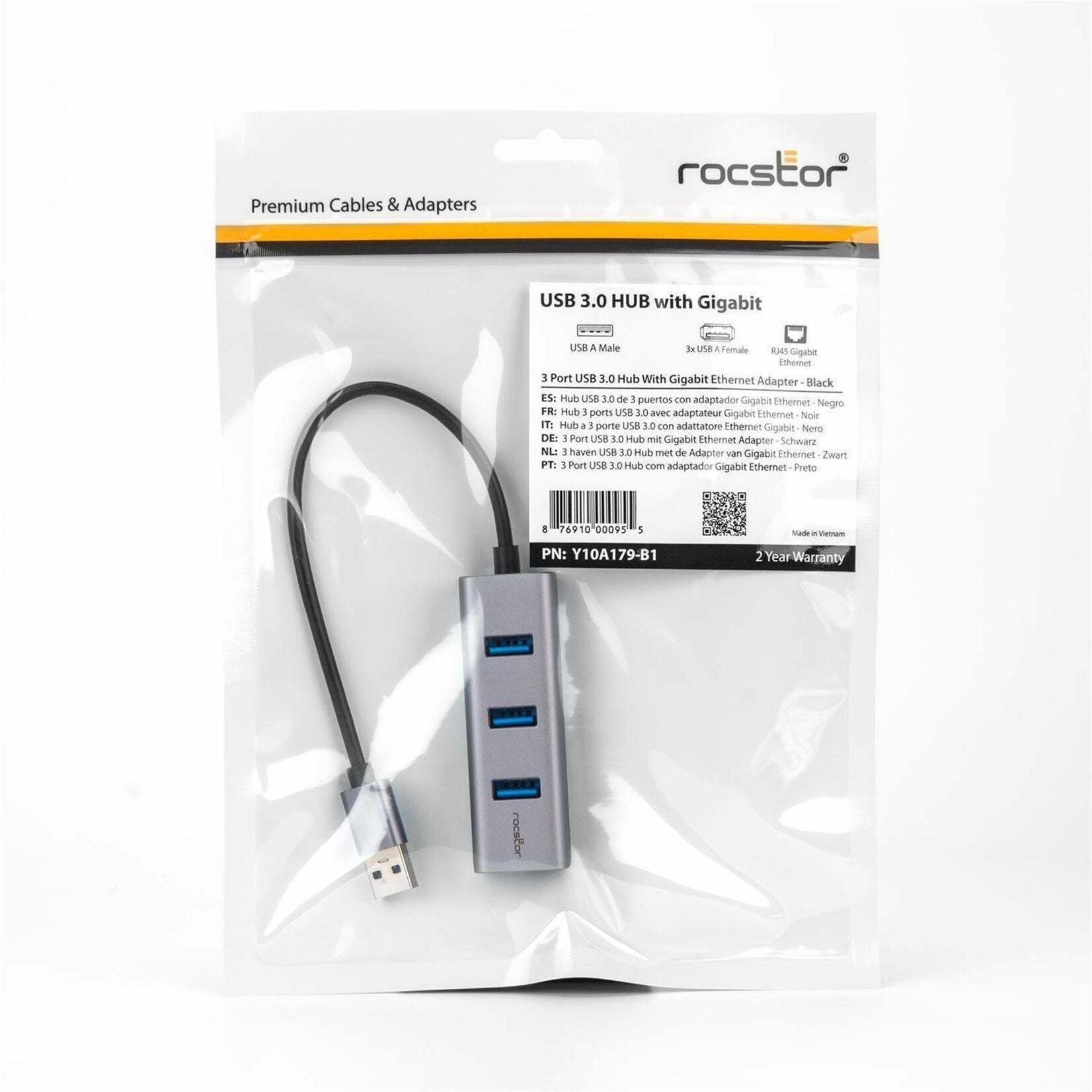 Rocstor Y10A179-B1 Premium 3-Port External Portable USB 3.0 Hub with Gigabit Ethernet 10/100/1000, 2-Year Warranty, PC/Mac Compatible