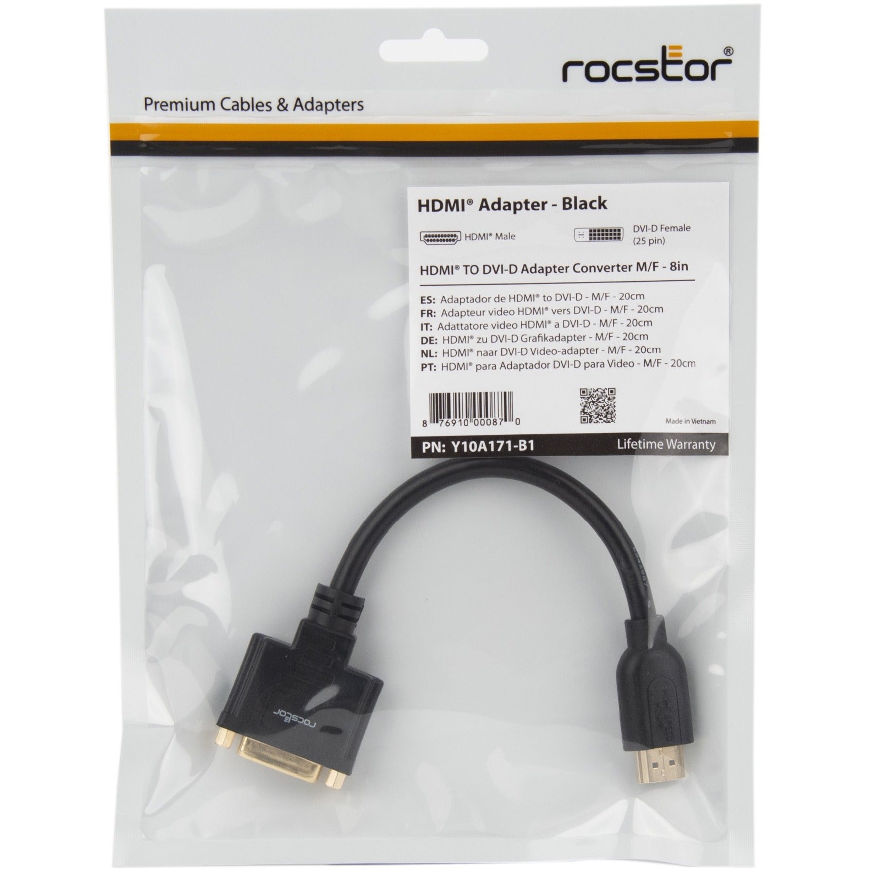 Rocstor Y10A171-B1 DVI-D/HDMI Video Cable, 8IN HDMI to DVI-D Adapter, Gold Plated Connectors, Black