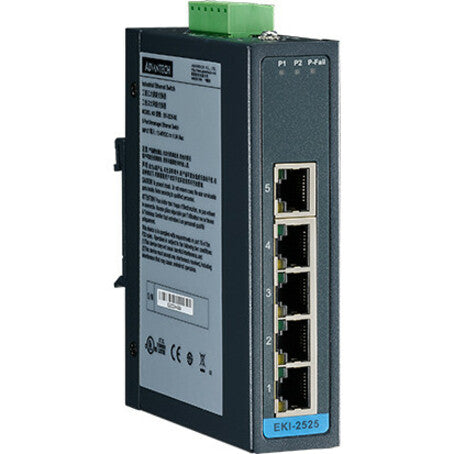 Advantech EKI-2525-BE 5-Port Ethernet Switch, Fast Ethernet Network, Wall Mountable, DIN Rail Mountable