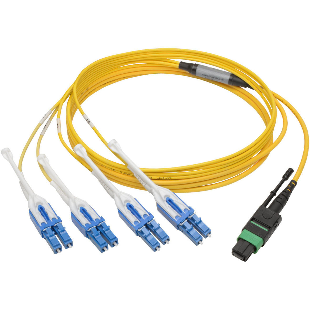 Tripp Lite N390-02M-8LC-AP MTP/MPO to 8xLC Singlemode Breakout Patch Cable, Yellow, 2m, Angled Connector, Uniboot Connector