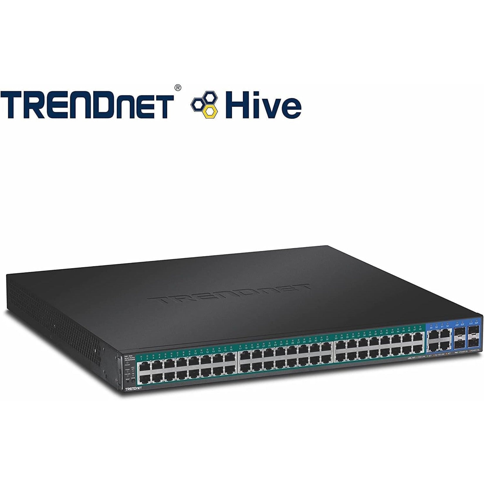 TRENDnet TPE-5240WS 52-Port Gigabit Web Smart PoE+ Switch, 48 Gigabit PoE+ Ports, 4 Shared Gigabit Ports (RJ-45 Or SFP), 370W PoE Power Budget, 104Gbps Switching Capacity, Lifetime Protection