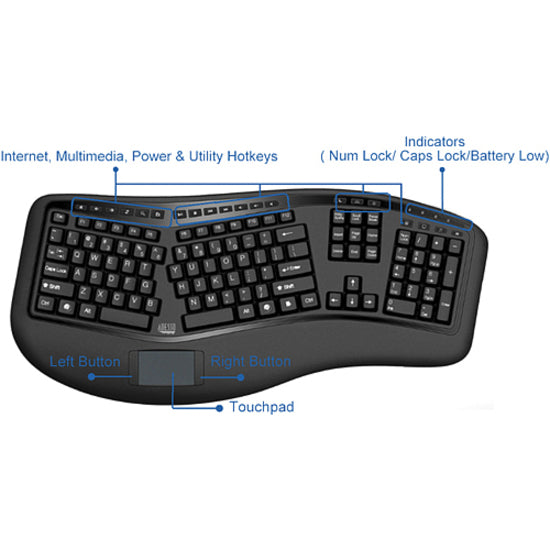 Adesso WKB-4500UB 2.4GHz Wireless Ergonomic Touchpad Keyboard, Quiet Keys, Palm Rest, Split Layout