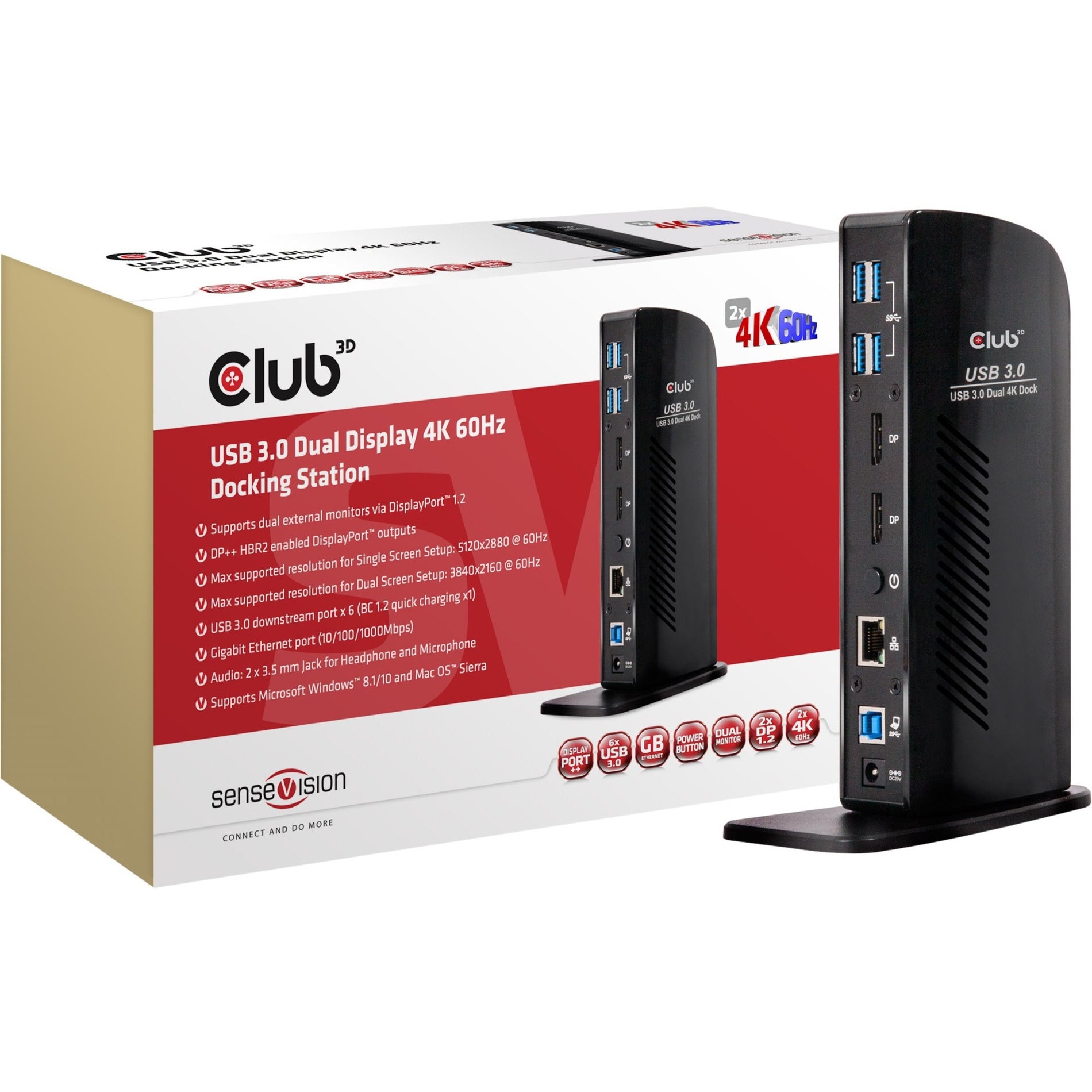 Club 3D CSV-1460 USB 3.0 Dual Display 4K 60Hz Docking Station, 7 USB Ports, RJ-45 Network