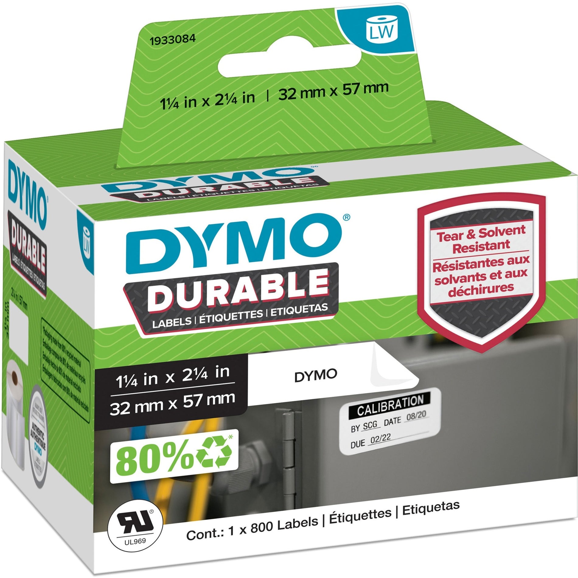 Dymo 1933084 LW Durable Labels, Rectangle, 2 1/4", White, Water Resistant, Moisture Resistant