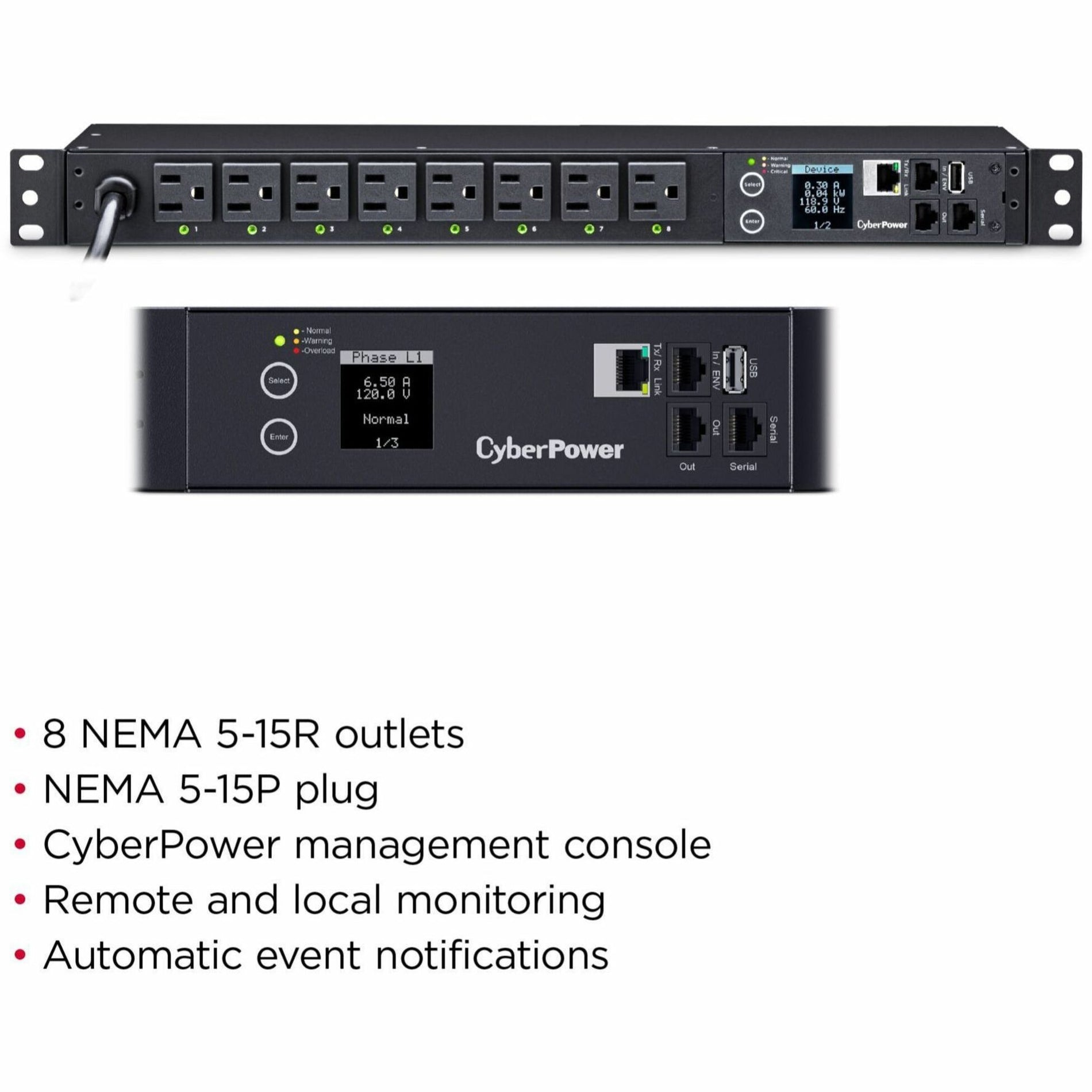CyberPower PDU41001 Switched PDU 8-Outlet, Single Phase 100-120VAC 15A