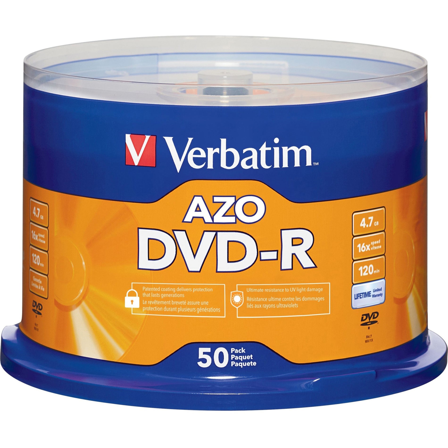 Verbatim 95101 AZO DVD-R 4.7GB 16X with Branded Surface - 50pk Spindle, 16X Speed, 4.7GB, For Recorders/Drives