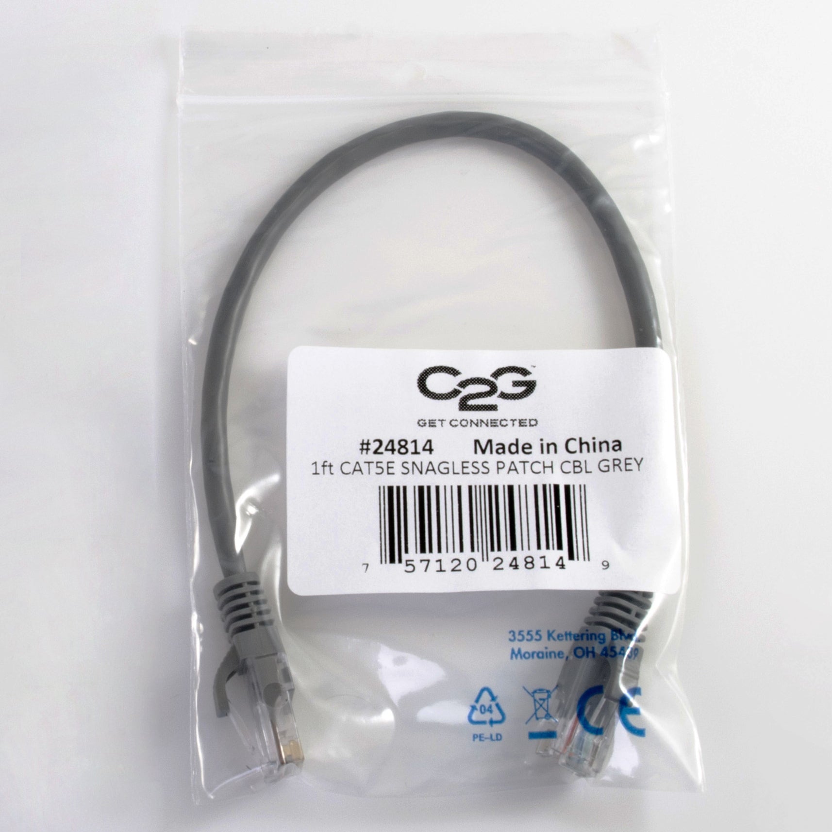 C2G 24814 1ft Cat5e Unshielded Ethernet Cable, Gray, Lifetime Warranty