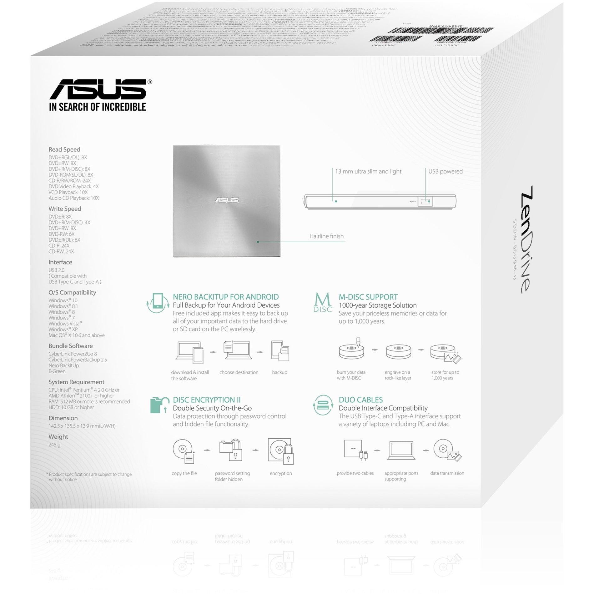 Asus SDRW-08U9M-U/SIL ZenDrive U9M DVD Writer, USB 2.0 & Type-C for Mac/PC