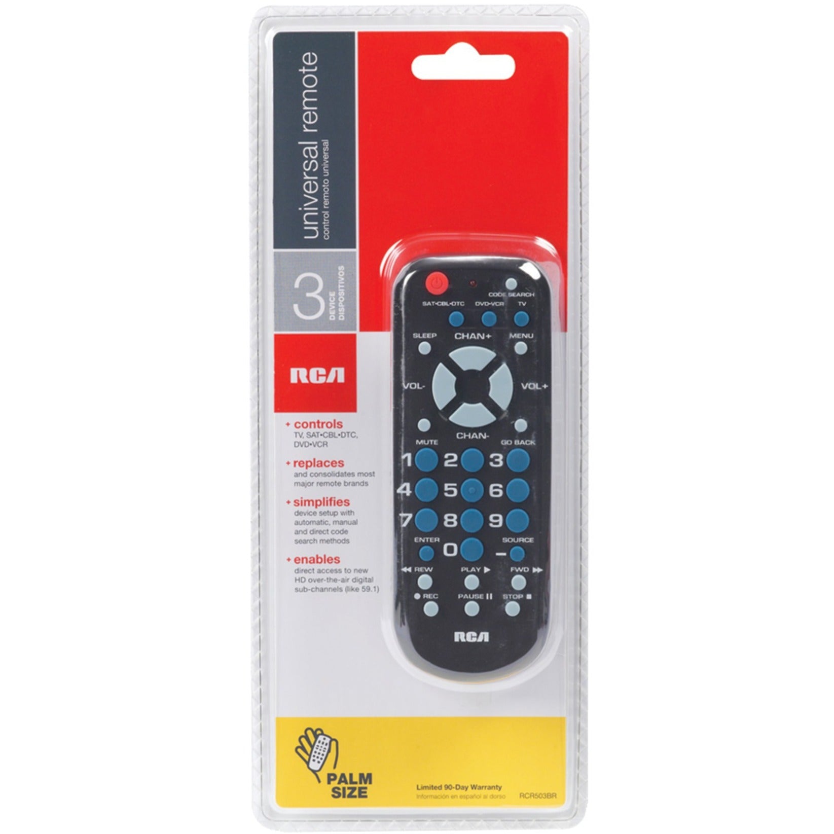 RCA RCR503BZ 3-Device Universal Remote, Palm-Sized and Easy to Use