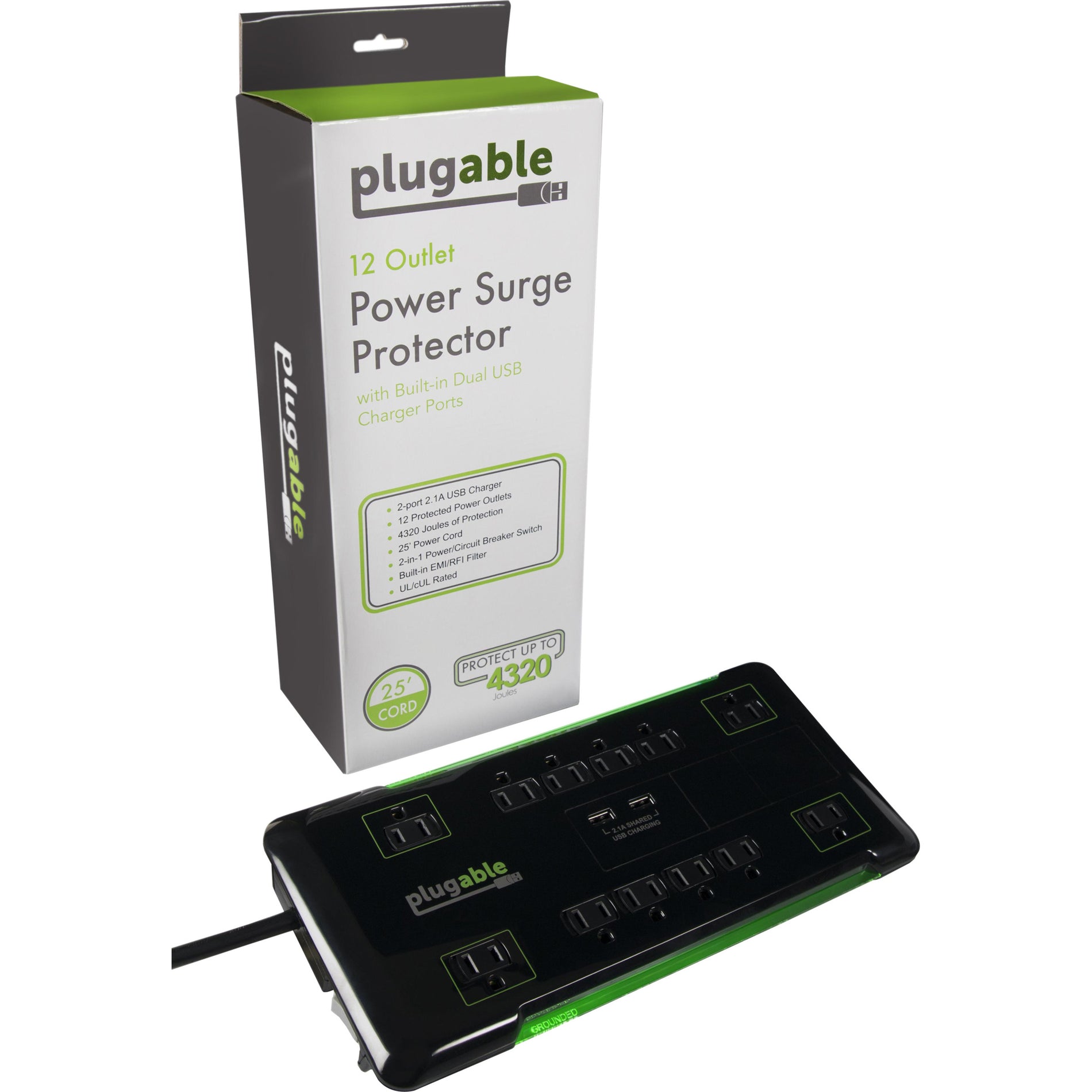 Plugable PS12-USB25 12-Outlet Power Strip with 2-Port USB Charger, 25ft Cord, Surge Protection, Black