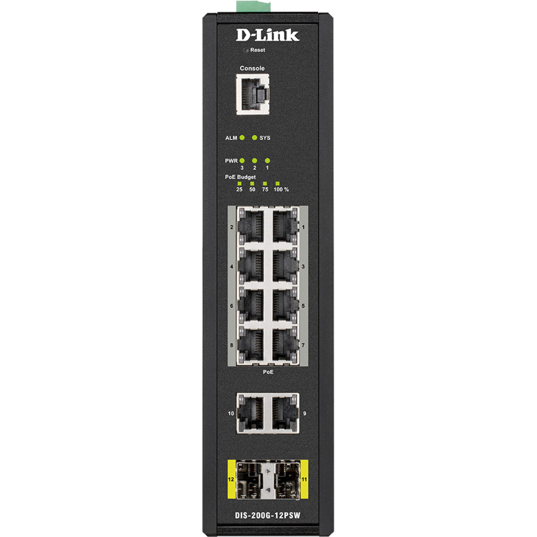D-Link DIS-200G-12PSW 12-Port Gigabit Industrial Smart Managed PoE Switch, Operating Temp up to 75 deg C, DIN Rail Mountable