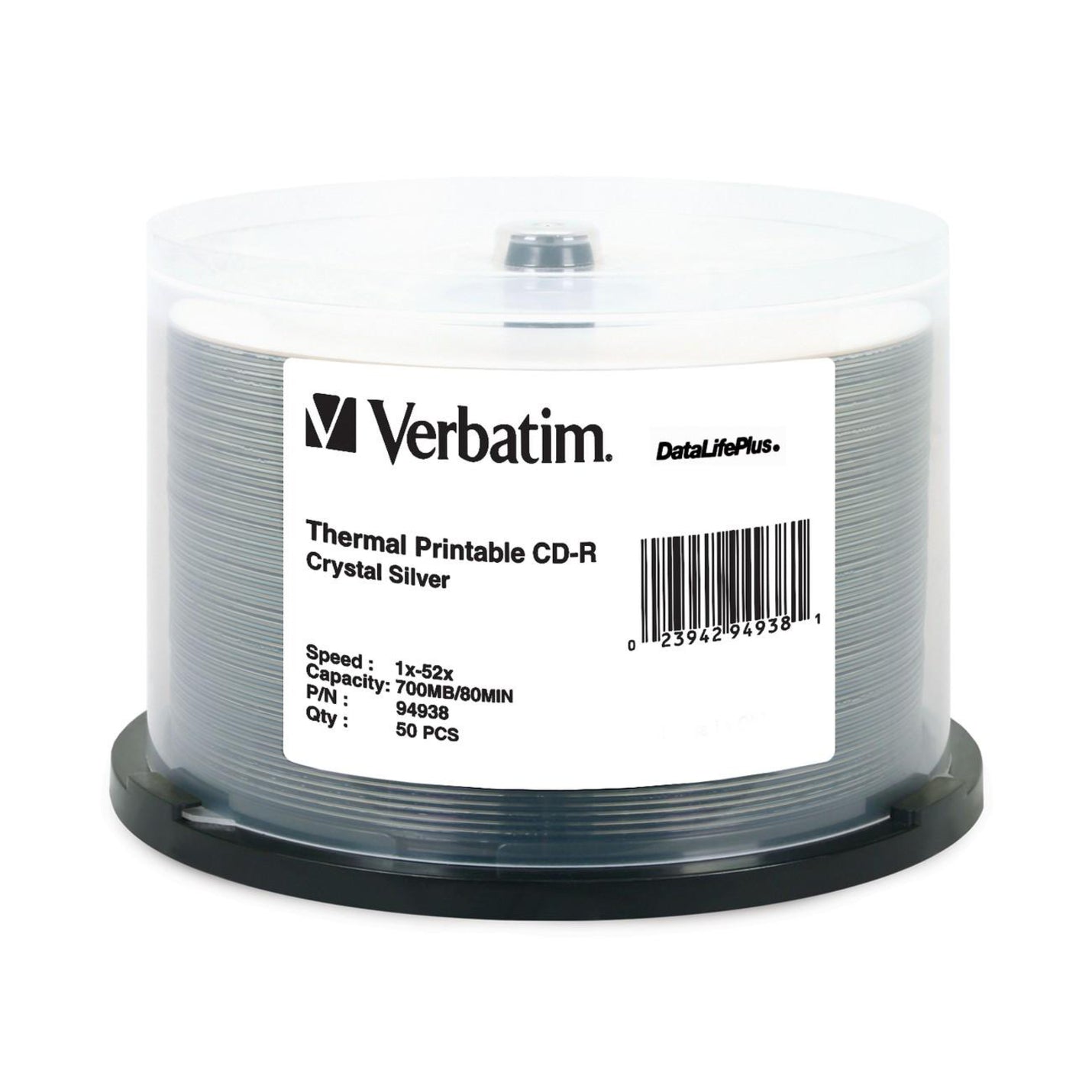 Verbatim 94938 CD-R 80MIN 700MB 52x DataLifePlus, Crystal Thermal Printable 50pk Spindle