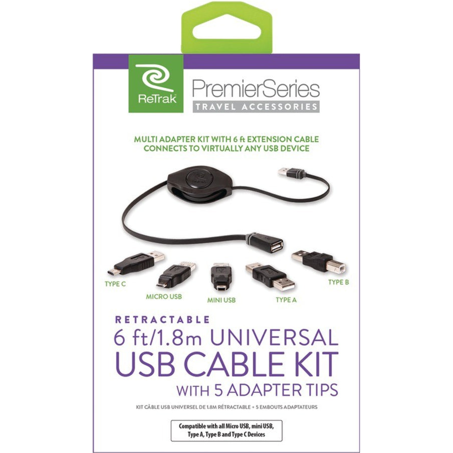 ReTrak ETPRU6M Premier Retractable Universal Charge & Sync Cable Kit, Lifetime Warranty, 5 Adapter Tips