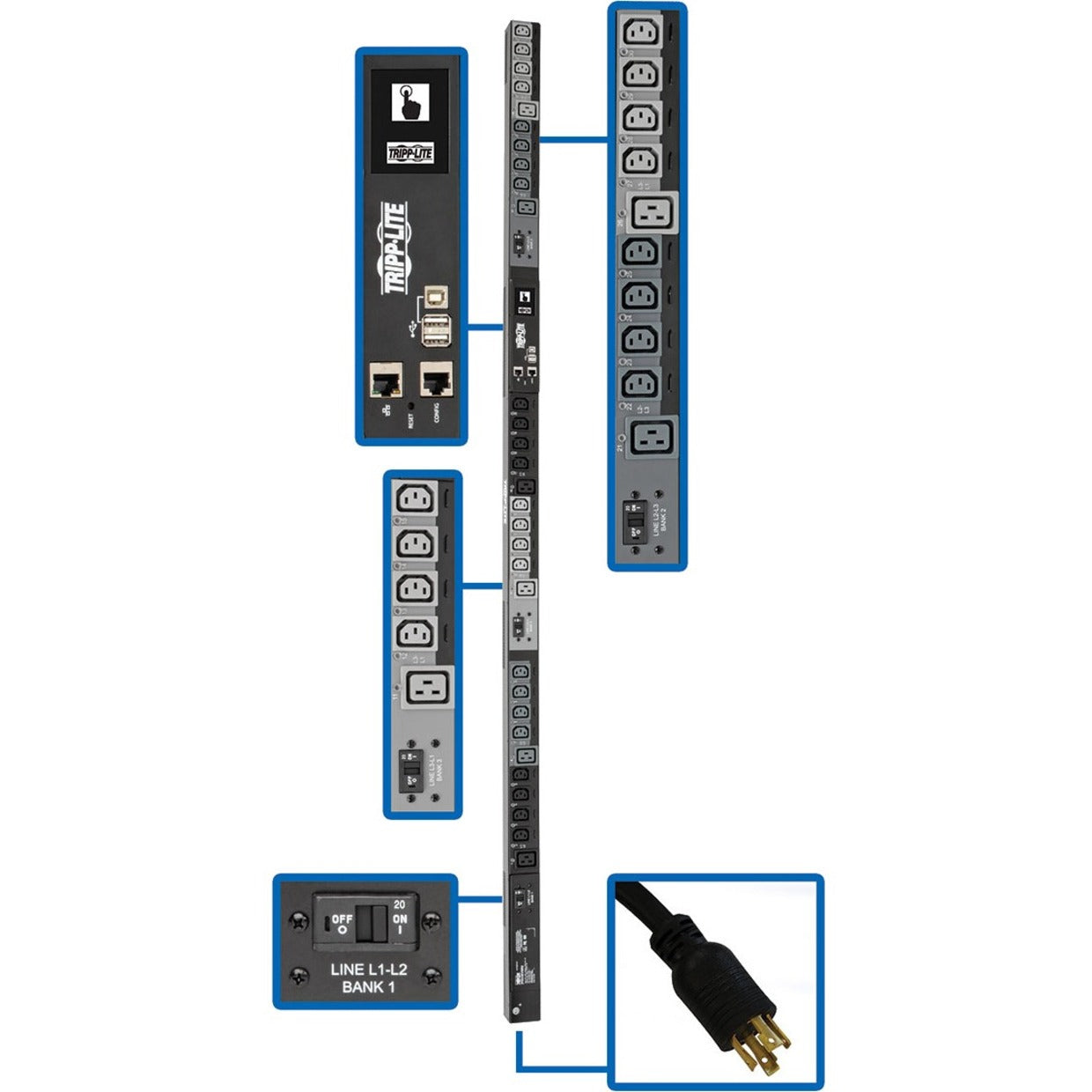Tripp Lite PDU3EVSR6L2130 30-Outlet PDU, 10 kW Power Rating, Three Phase, Switched, Overload Protection