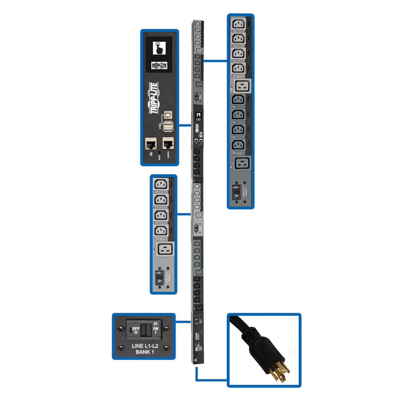 Tripp Lite PDU3EVSR6L2130 30-Outlet PDU, 10 kW Power Rating, Three Phase, Switched, Overload Protection