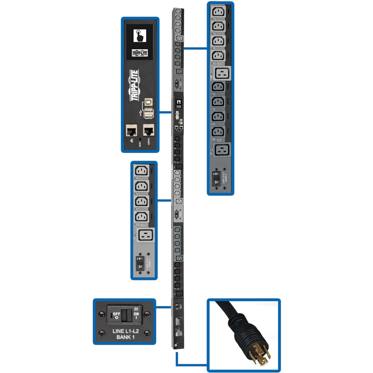 Tripp Lite PDU3EVSR10L1530 10kW 3-Phase Switched PDU, Remote Outlet Switching, 24 C13 6 C19, 200/208/240V