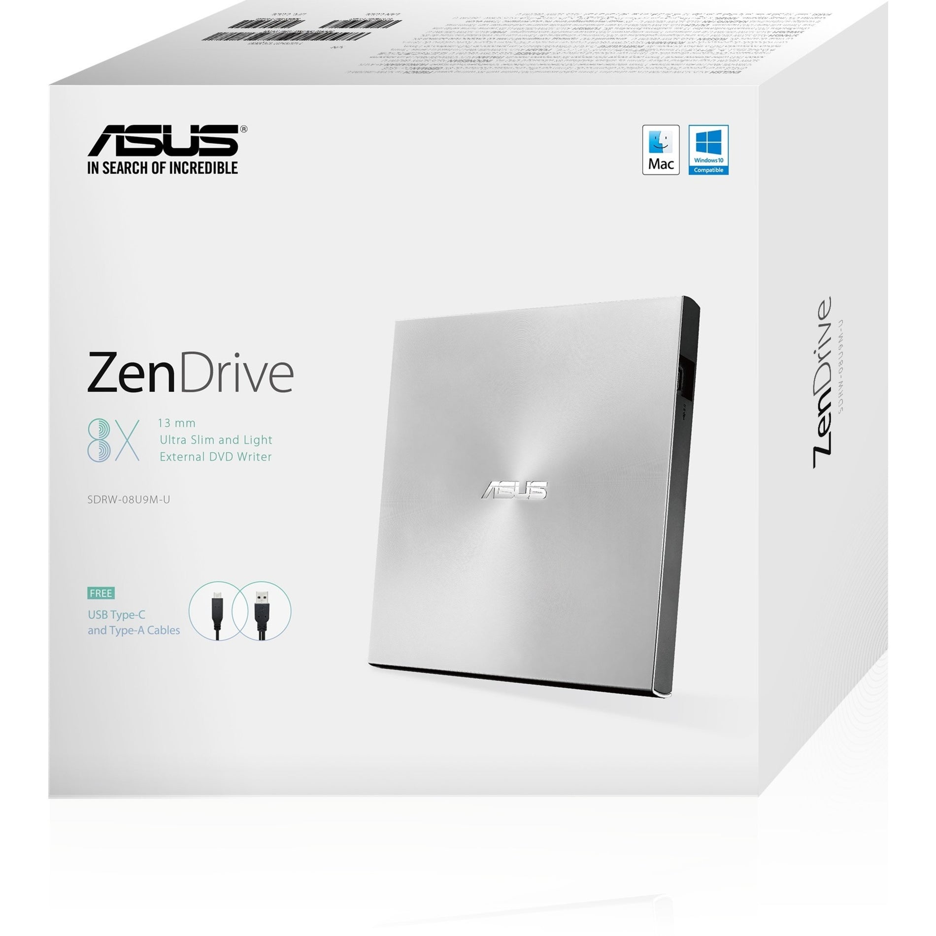 ASUS SDRW-08U9M-U/SIL/G/AS/P2G ZenDrive SDRW-08U9M-U External DVD Writer, USB 2.0, Type-C, Mac/PC Compatible