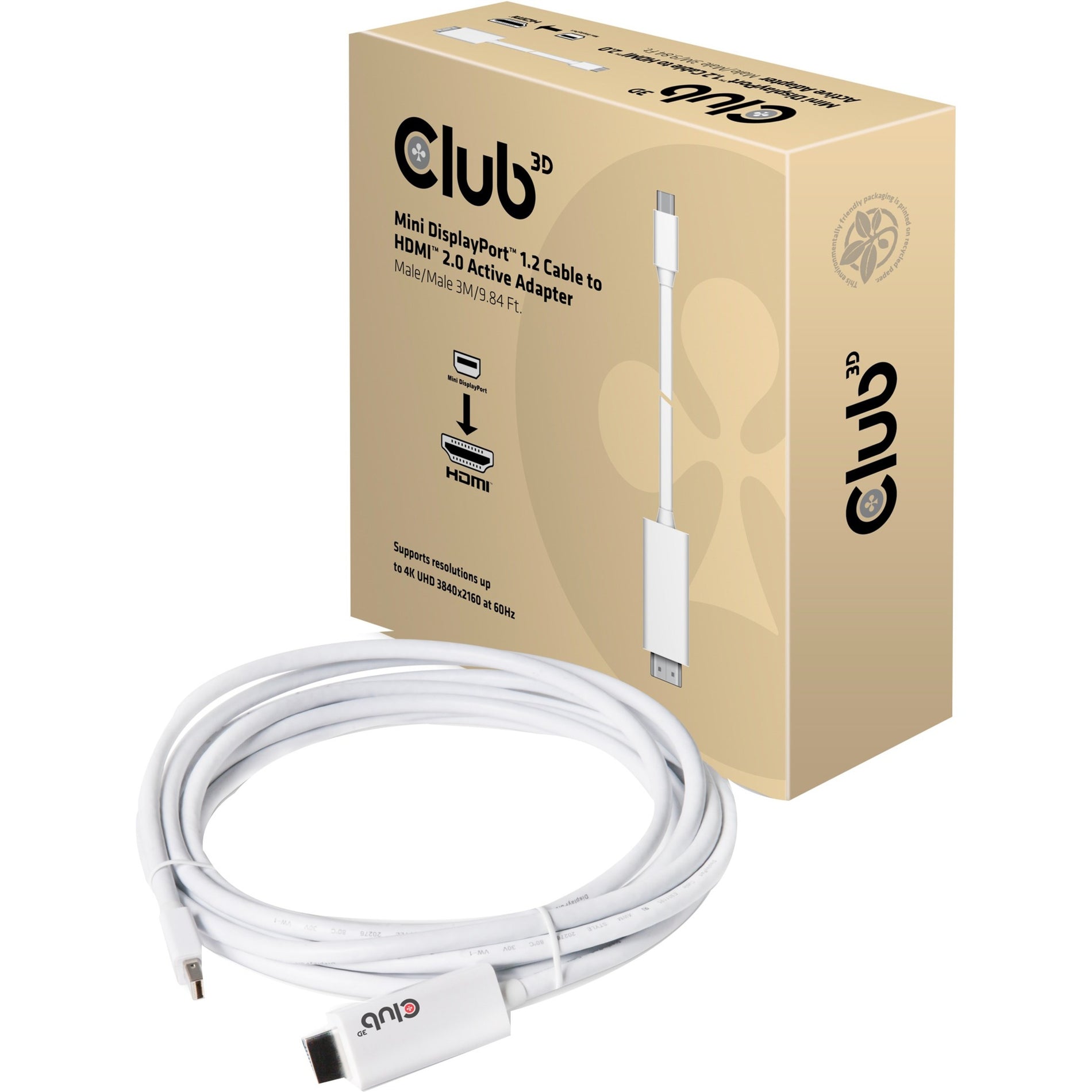 Club 3D CAC-1173 Mini DisplayPort 1.2 Cable to HDMI UHD 4K60Hz Active Adapter M/M 3m/9.84Ft, High-Quality Audio/Video Connection