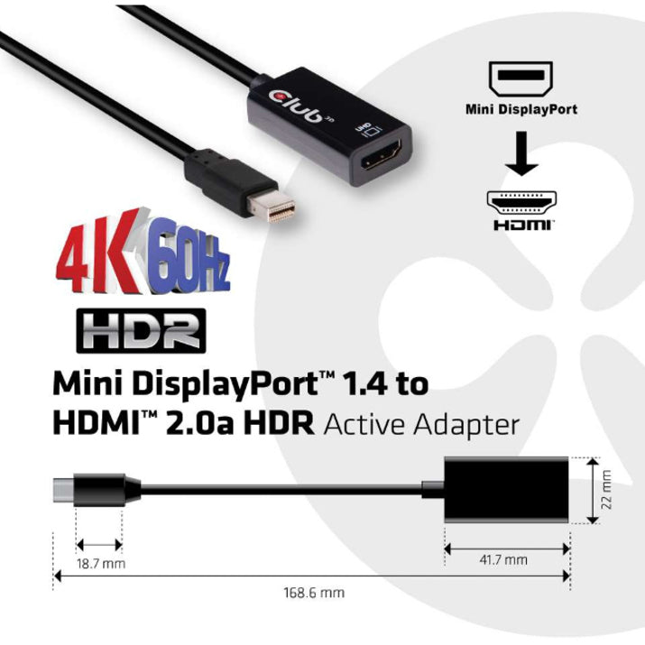 Club 3D CAC-1180 Mini DisplayPort 1.4 to HDMI 2.0a HDR Cable, Repeater, Active, 6.61", 4096 x 2160