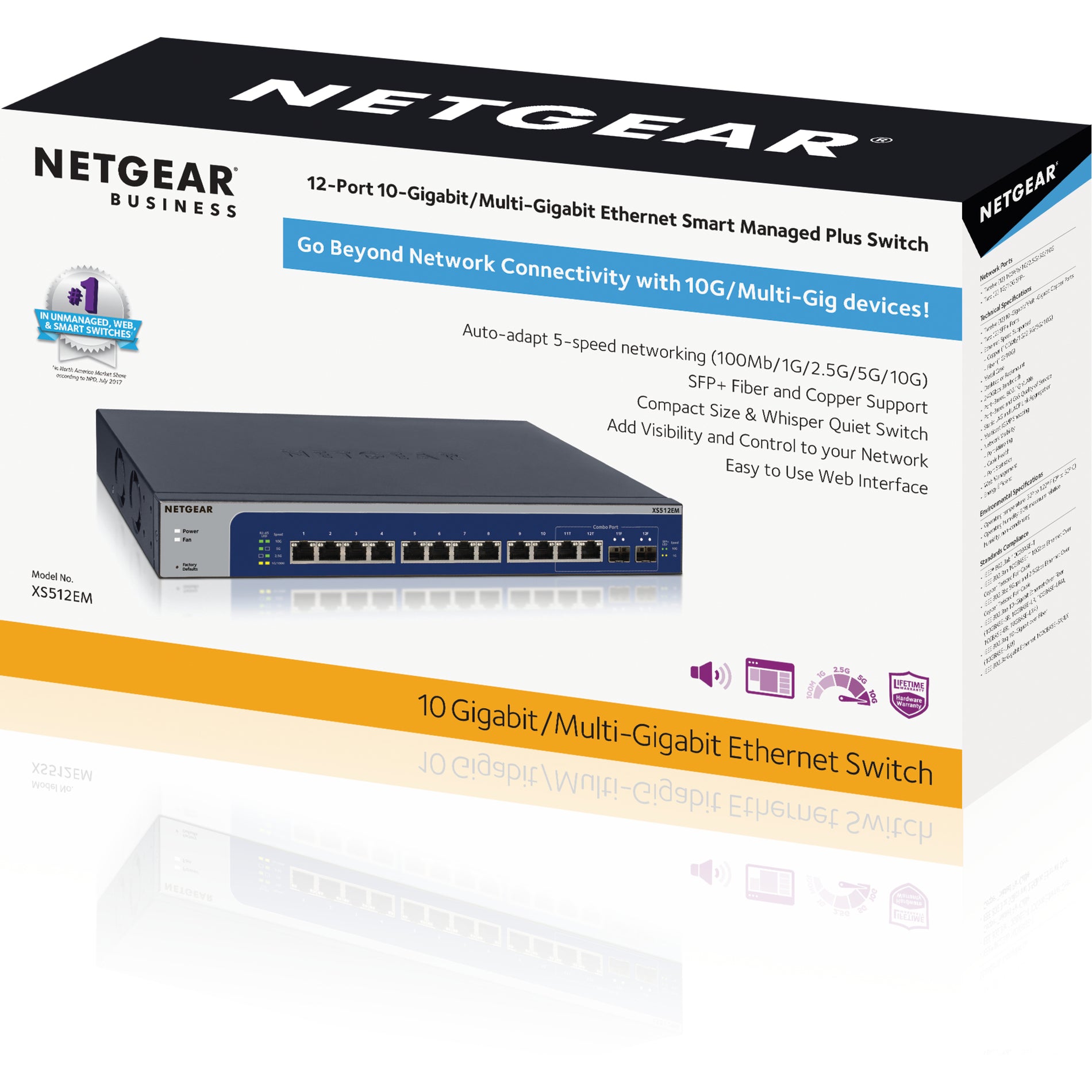 Netgear XS512EM-100NAS 12-Port 10-Gigabit/Multi-Gigabit Ethernet Smart Managed Plus Switch, Lifetime Warranty, 10GBase-X/10GBase-T, Rack-mountable
