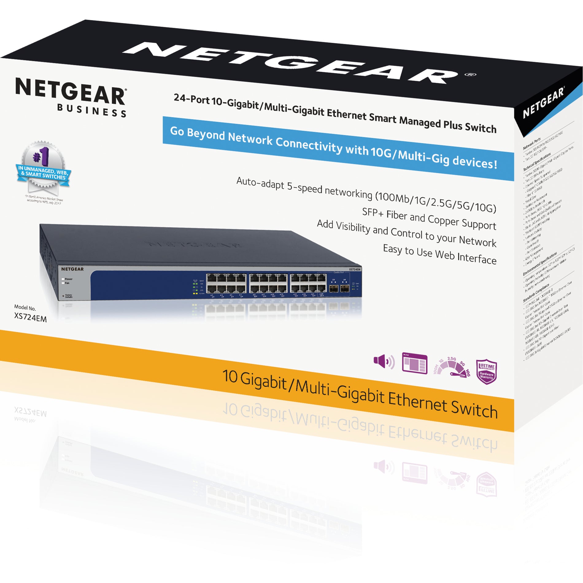 Netgear XS724EM-100NAS 24-Port 10-Gigabit/Multi-Gigabit Ethernet Smart Managed Plus Switch, Lifetime Warranty, 10GBase-X, 10GBase-T, Optical Fiber, Twisted Pair