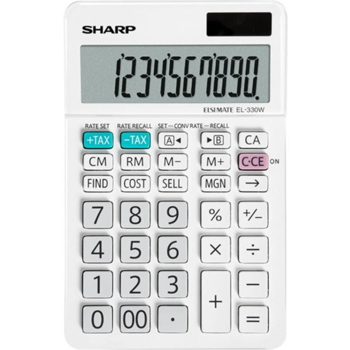 Sharp EL330WB 10 Digit Angled Business Calculator - White, LCD Display, Battery/Solar Powered