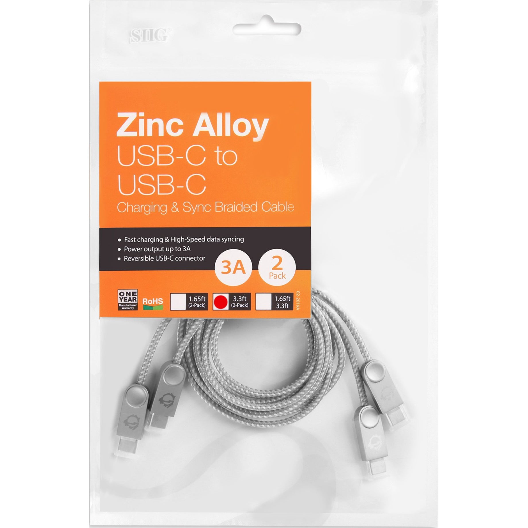 SIIG CB-US0L11-S1 Zinc Alloy USB-C to USB-C Charging & Sync Braided Cable - 3.3ft, 2-Pack, Durable and Reversible