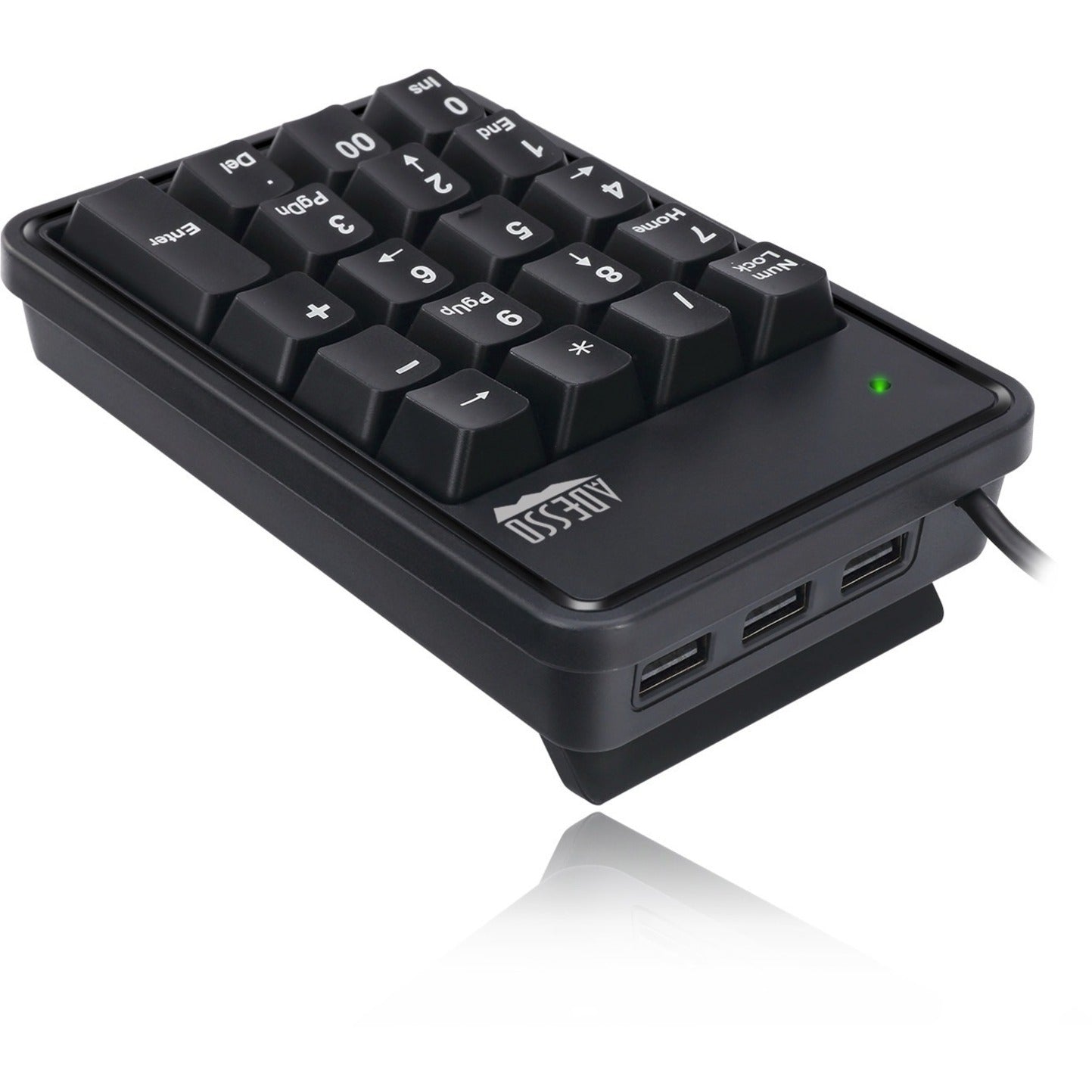 Adesso AKB-600HB 19-Key Mechanical Keypad with 3-Port USB Hub, Adjustable Height, Plug & Play