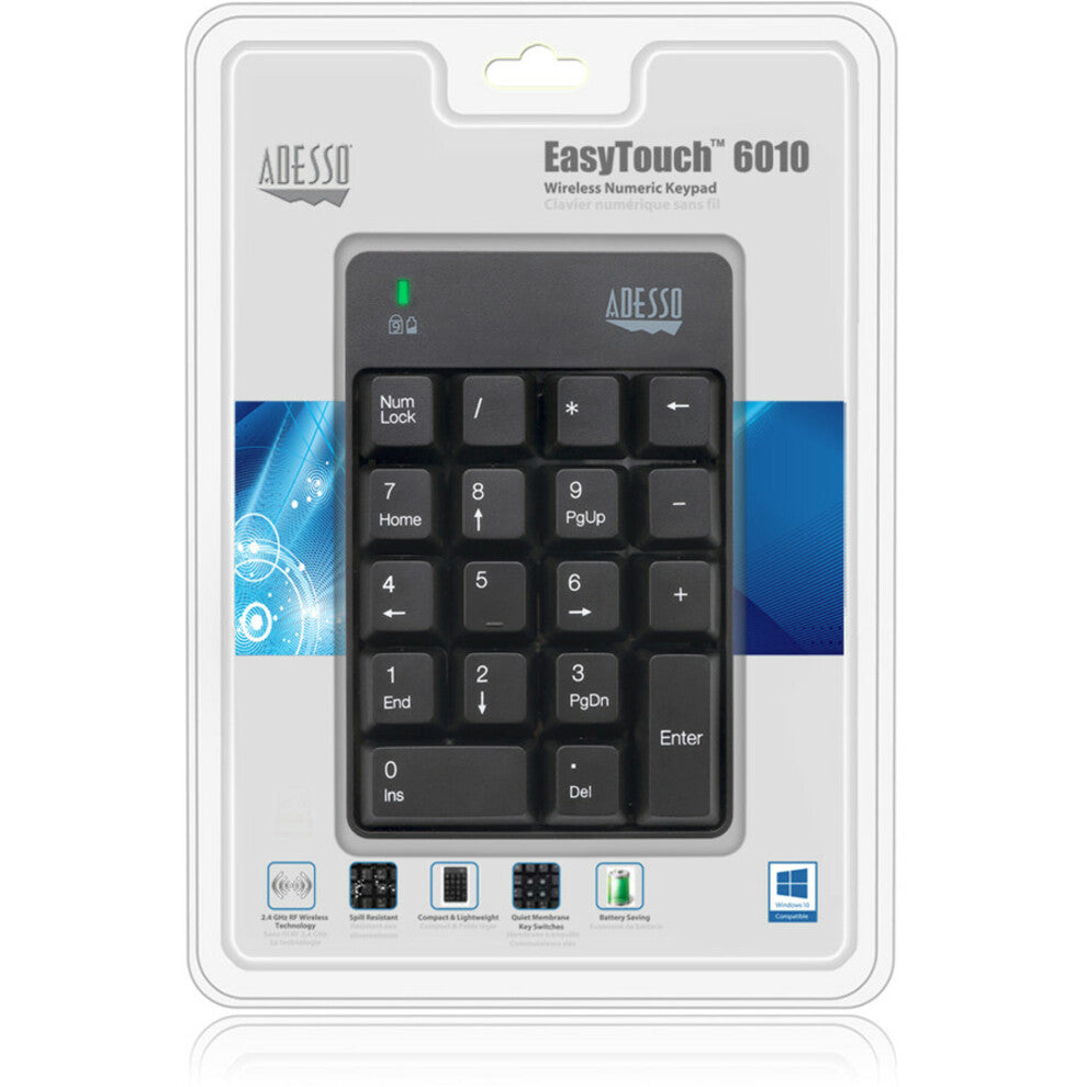Adesso WKB-6010UB Wireless Spill Resistant 18-Key Numeric Keypad, Quiet Keys, Lightweight, Plug & Play