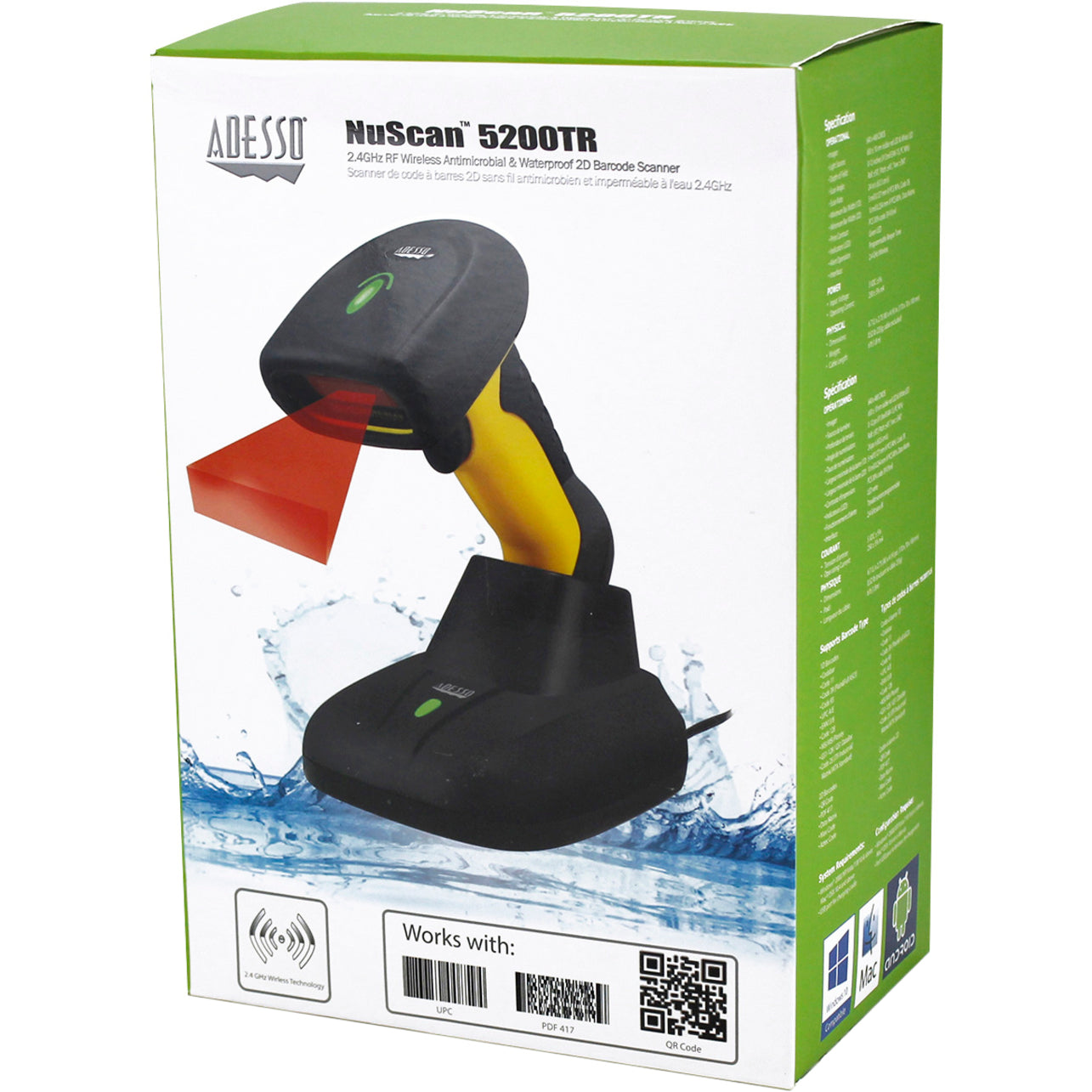 Adesso NUSCAN 5200TR NuScan 2.4GHz RF Wireless Antimicrobial & Waterproof 2D Barcode Scanner, Long Range, USB Interface
