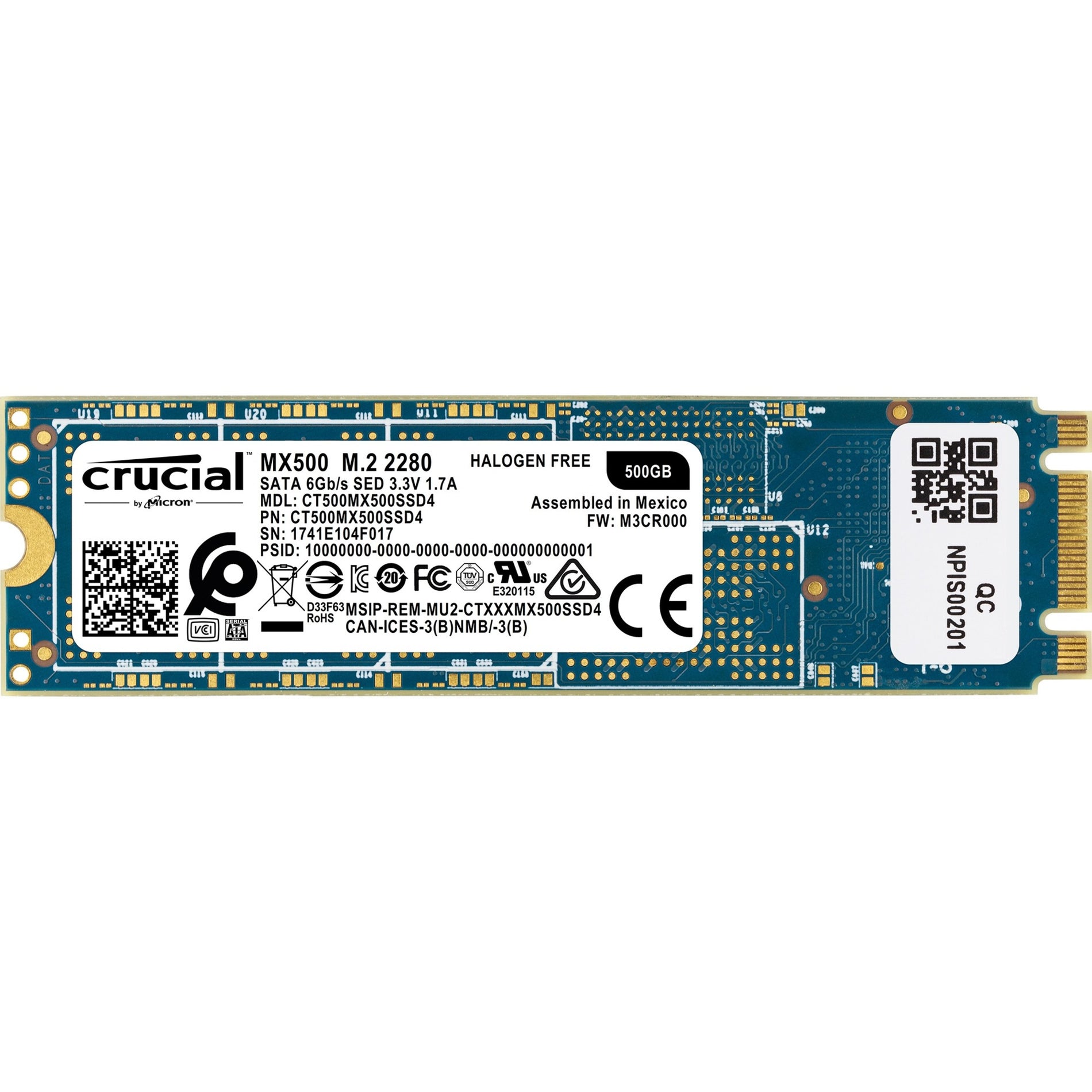 Crucial CT500MX500SSD4 MX500 M.2 2280 Solid State Drive, 500GB, SATA/600, 256-bit Encryption